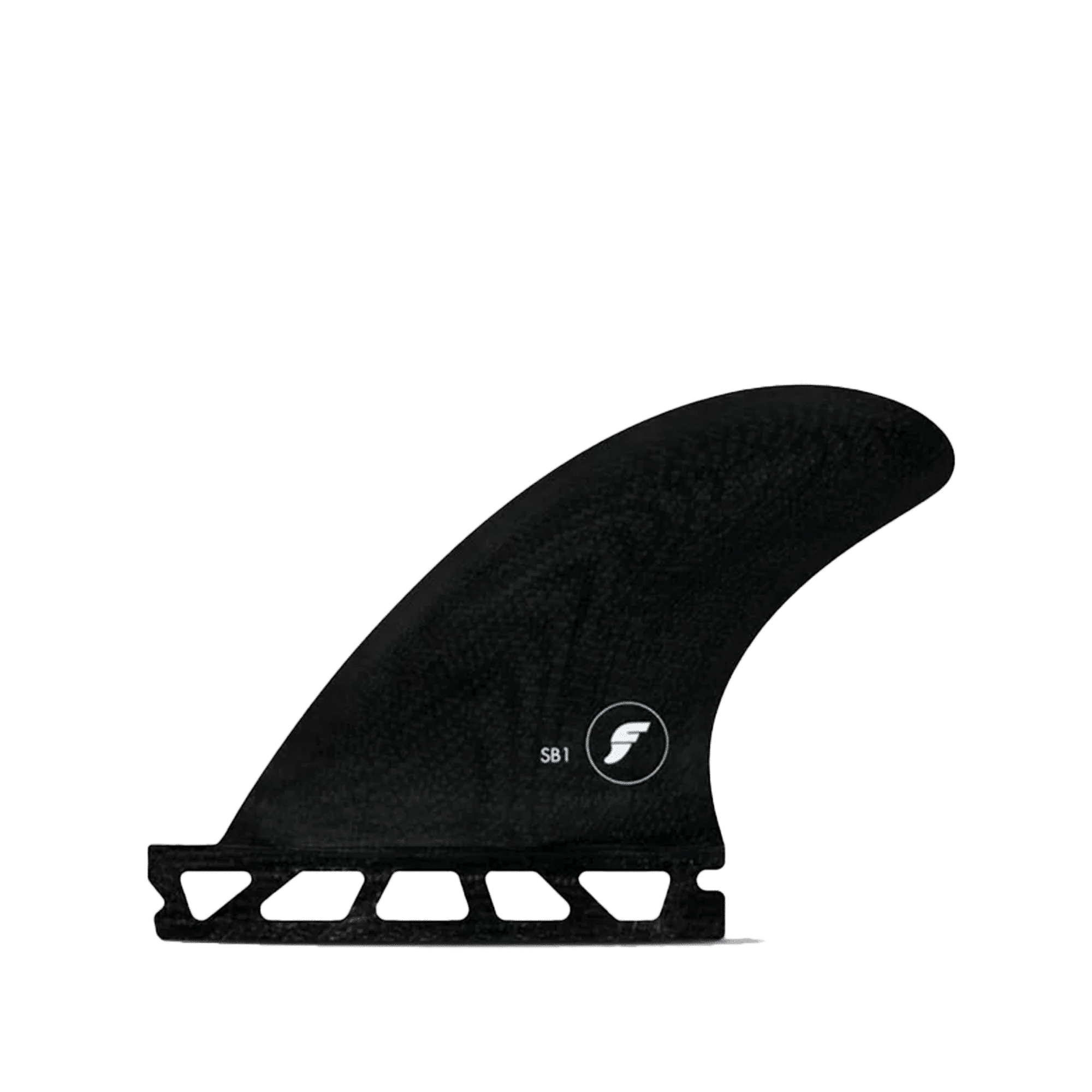 Shapers-Club- A Futures - Sidebites - FiberGlass surfboard fin with an elegant, curved black design, marked with the "SB1" label and a stylized "F" logo near its base. This fin features a lattice structure at the bottom where it attaches to the surfboard. -surfshop-surfboard