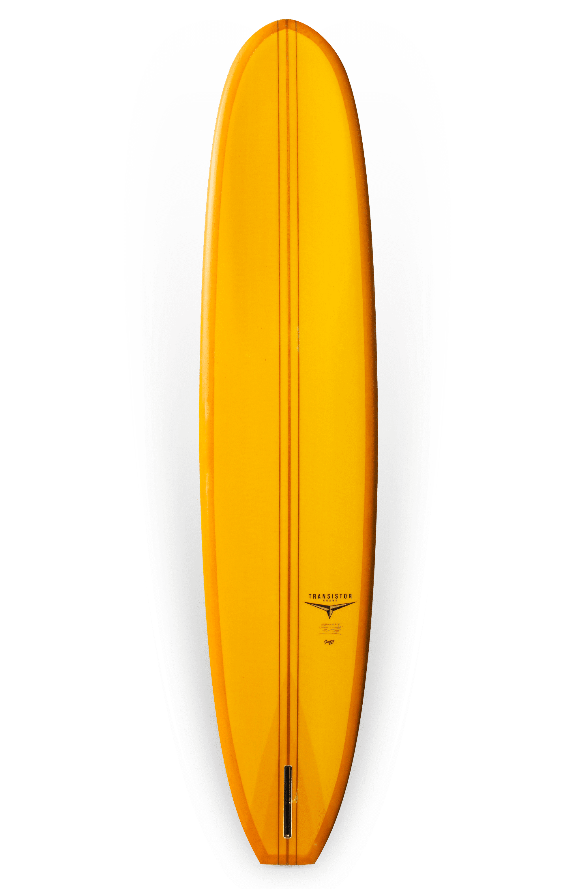Shapers-Club - Vista aerea di una tavola da surf giallo brillante, elegante e allungata di 9'4" x 23" x 3'1/4" con tre strisce che la percorrono in lunghezza. La tavola da surf ha una finitura lucida, la parola "Transition" è visibile in basso a destra e questa bellezza è stata progettata alla perfezione da Roger Hinds. -Negozio di surf - tavola da surf