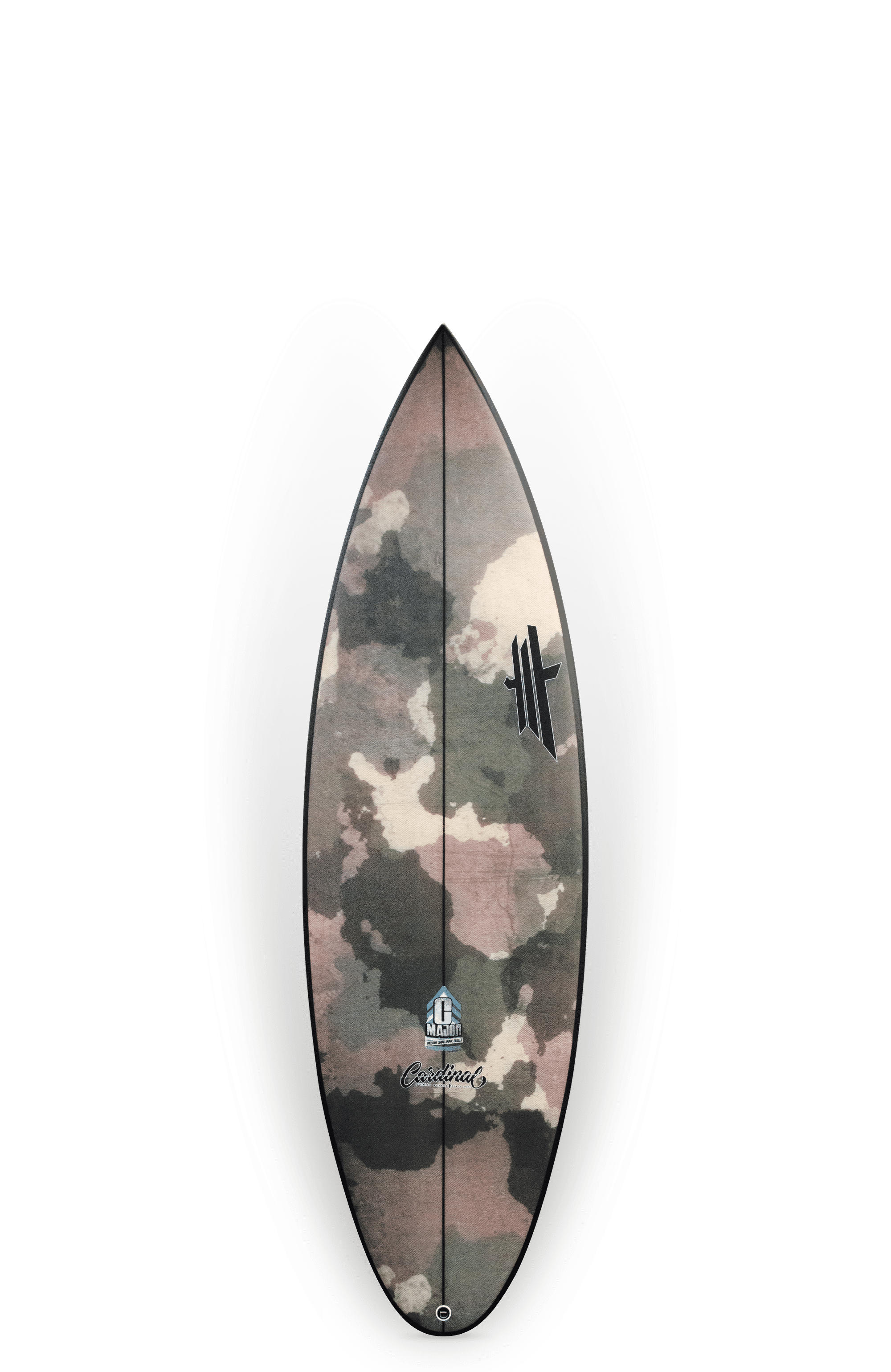 Shapers-Club- La planche de surf Cardinal - C-Major 5'9" x 20" x 2' 5/8" arbore un motif camouflage dans des tons de beige, vert et marron. Cette planche présente un design moderne avec un nez pointu et une queue légèrement arrondie. Les logos C-Major sont bien visibles sur l'extrémité supérieure et la partie centrale inférieure de la planche de surf. -surfshop-surfboard