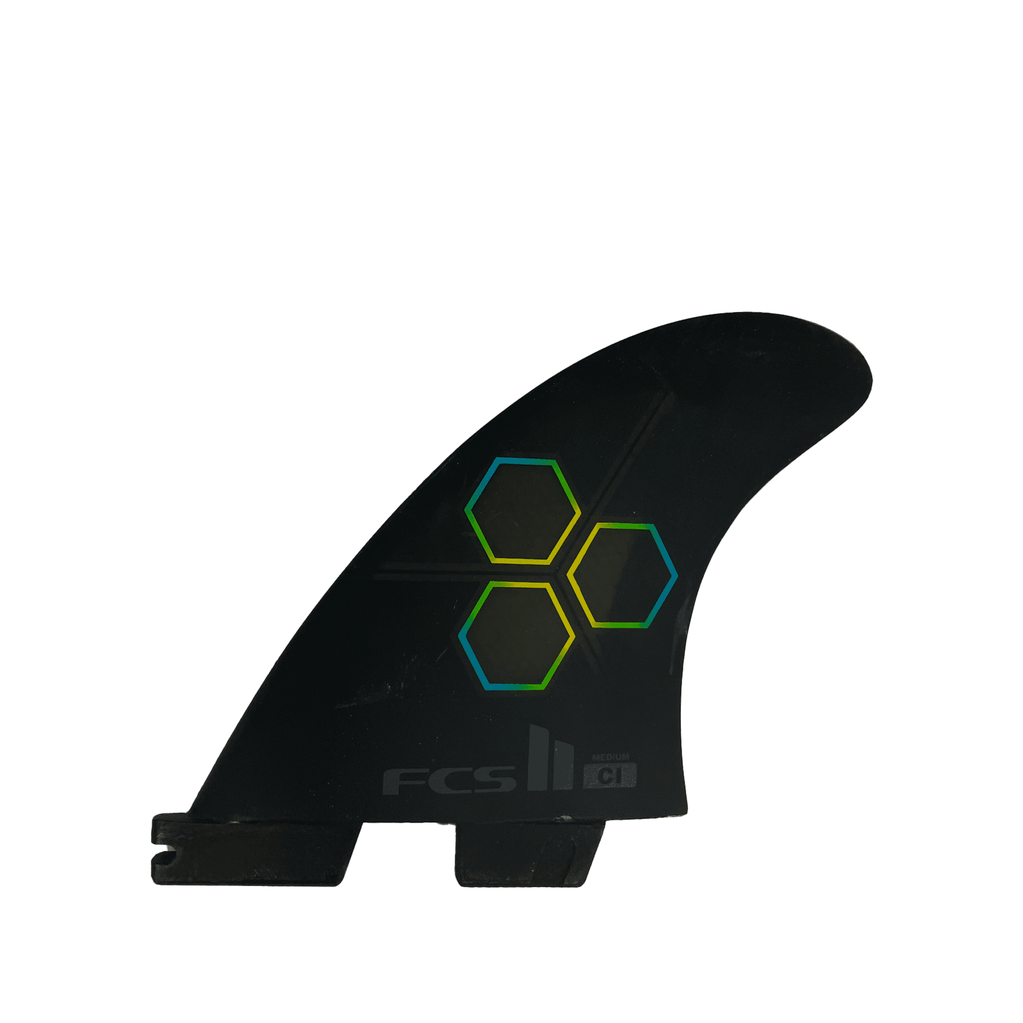 Shapers-Club- A black FCS fin - THRUSTER - SHAPER SERIES - Channel Islands - Medium-sized Reactor features a green and blue hexagonal pattern in the middle, with "FCS II" and "CI" printed near the base, representing the Channel Islands. -surfshop-surfboard