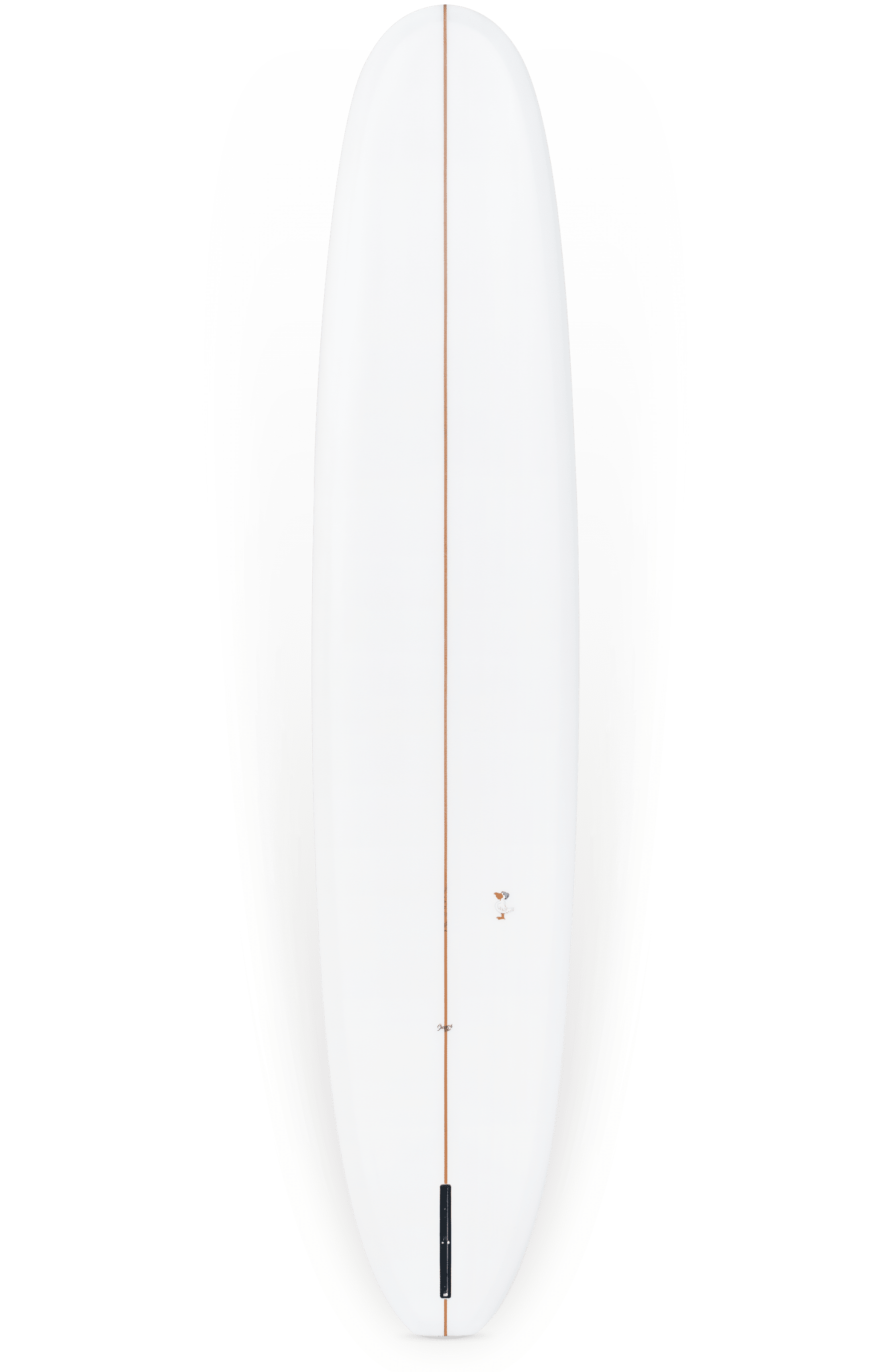 Shapers-Club- Una vista dall'alto della tavola da surf Barrett Miller - Springfield 9'9" x 23" x 3" rivela un'elegante superficie bianca con una sottile striscia marrone che corre al centro da cima a fondo. Questo longboard classico presenta un nose leggermente arrotondato e un tail affusolato, due elementi di design caratteristici che si vedono spesso su Springfield. -surfshop-surfboard