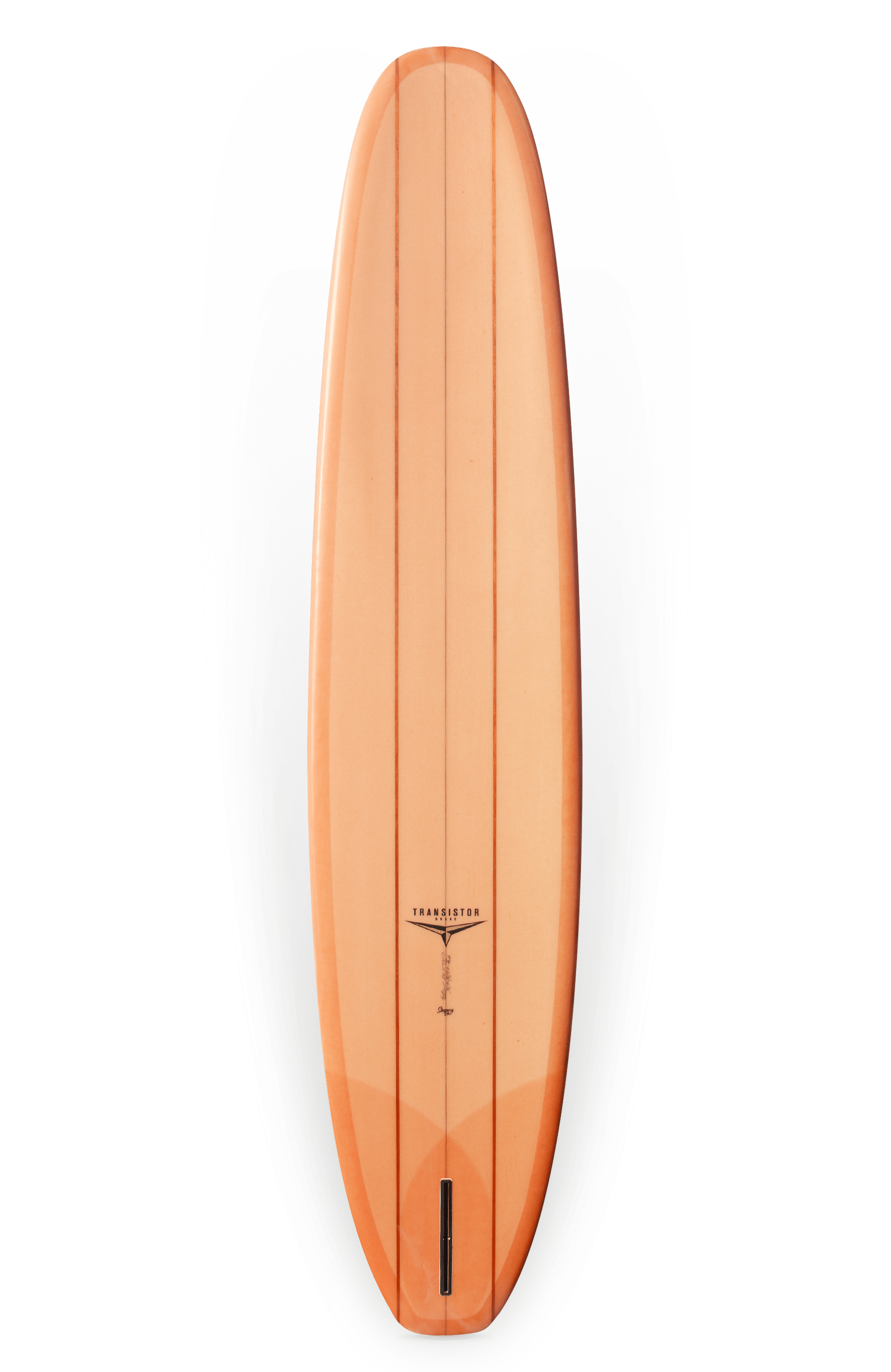 Shapers-Club- La planche de surf Circa, mesurant 9'4" x 22' 17/20" x 2' 17/20", présente une finition orange brillante avec de fines rayures noires verticales, des extrémités arrondies et une fente d'aileron à la queue pour des performances et un style améliorés. -surfshop-surfboard