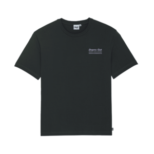 Shapers-Club- A plain black T-shirt with "Shoppers Club" embroidered in white at top left, featuring a classic crew neck and short sleeves, called THE ADDRESS. -surfshop-surfboard