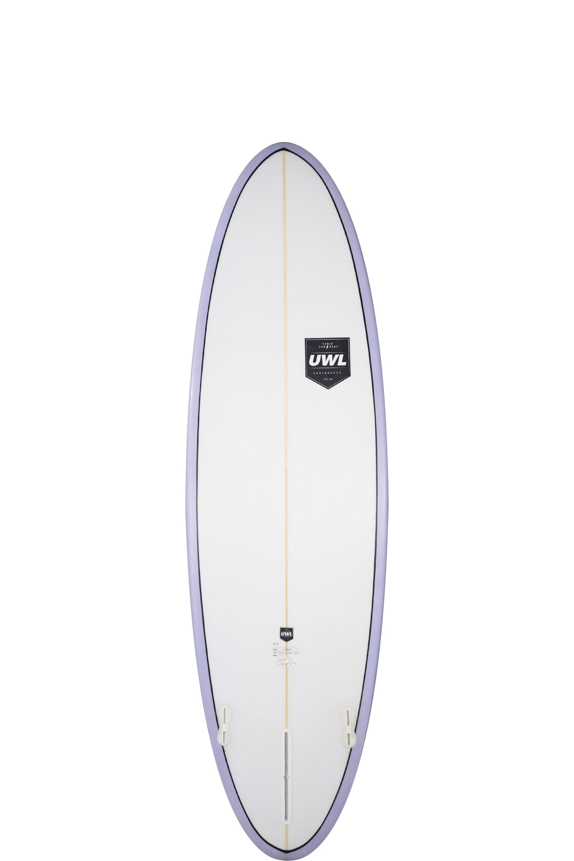 Shapers-Club- Vue aérienne de la planche de surf blanche et élégante Speed Dealer, avec une bordure violette et un logo UWL noir près de la queue. Elle présente des dimensions précises (6'4" x 20' 1/2" x 2' 5/8"), une finition lisse et deux ailerons sur le dessous. -surfshop-surfboard