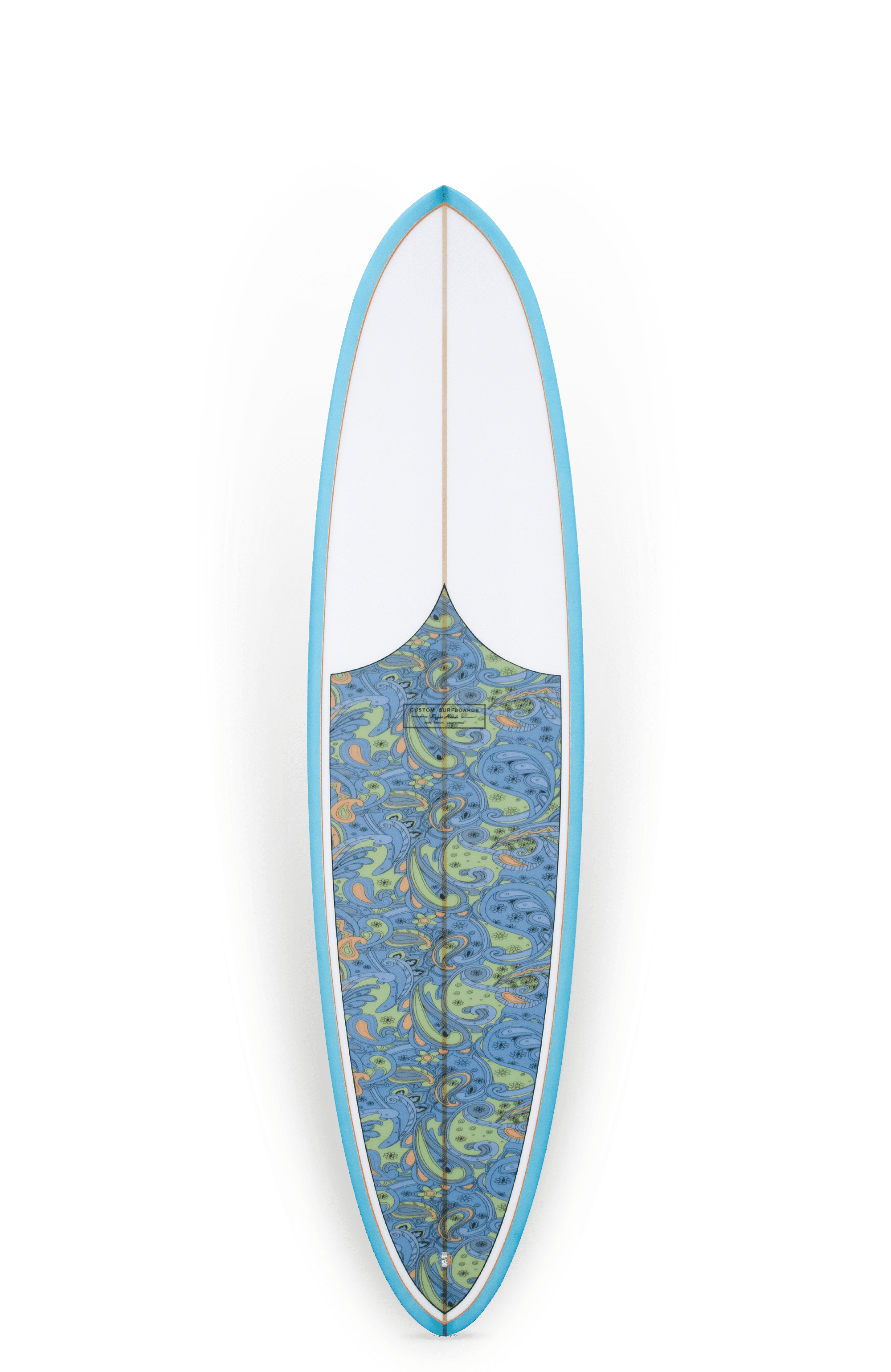 Shapers-Club- A Roger Hinds surfboard - Tamago 7'6" x 22" x 2' 7/8" top view with a white top, light blue edges and a blue water pattern covering the lower half. The board has an elegant, symmetrical shape. -surfshop-surfboard