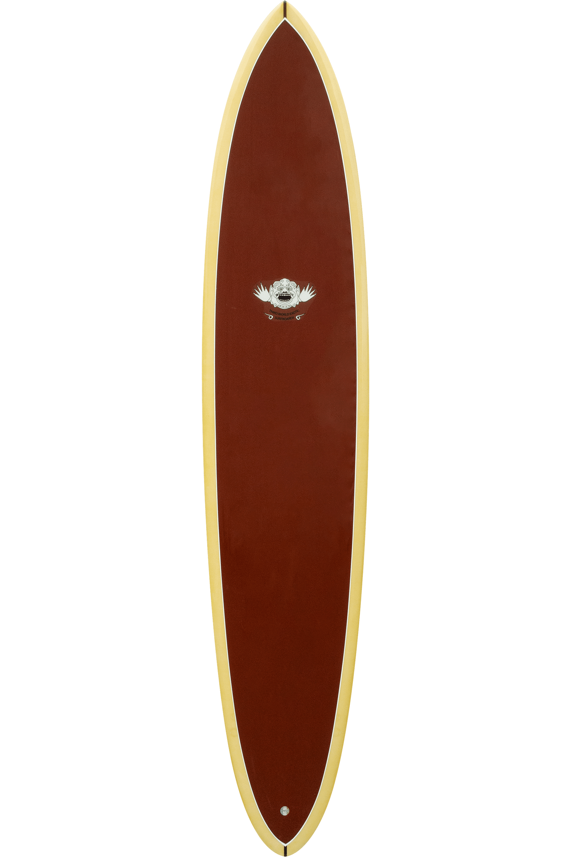 Shapers-Club- Une planche de surf simple de 9'6", en particulier la Magic Larmo de Larry Mabile, dotée d'un pont marron et de rails de couleur bois clair. La planche a un logo distinctif avec des motifs en forme d'ailes entourant un emblème circulaire près du centre. Le fond est équipé d'un boîtier d'aileron pour la fixation des ailerons. Les dimensions de la planche de surf sont de 9'6" x 22 1/2" x 3 1/4". -surfshop-surfboard