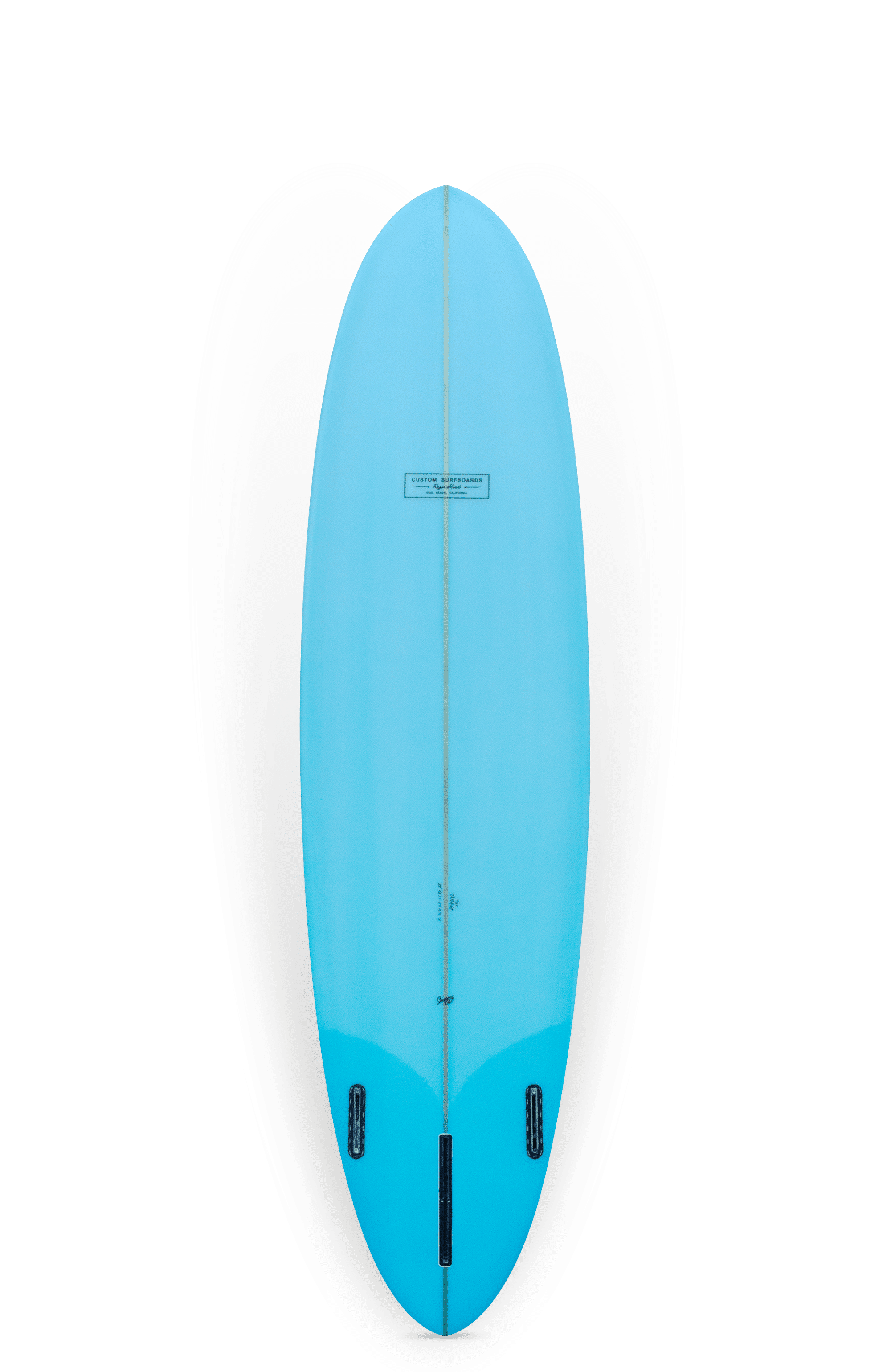 Shapers-Club- A Roger Hinds - Tamago 7'6" x 22" x 2' 7/8" surfboard, featuring a streamlined oval shape seen from above, painted blue. The board features two black fins at the rear and a small sticker or logo near the top center. Its distinctive design is set off against a plain white background. -surfshop-surfboard