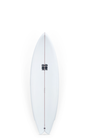 Shapers-Club- The Octafish surfboard, measuring 5'10" x 20' 3/4" x 2' 5/8", features a central black logo and an eye-catching red line running vertically across its white surface. Its shadow extends elegantly over the pristine white background. -surfshop-surfboard
