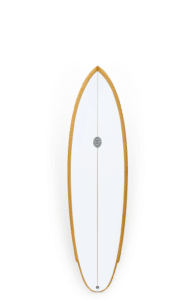 Shapers-Club- An elegant white New Quartet surfboard, measuring 6'2", features wood trim around the edges and a central logo near the top. This combination of design elements is oriented vertically against a plain background, making it stand out. -surfshop-surfboard