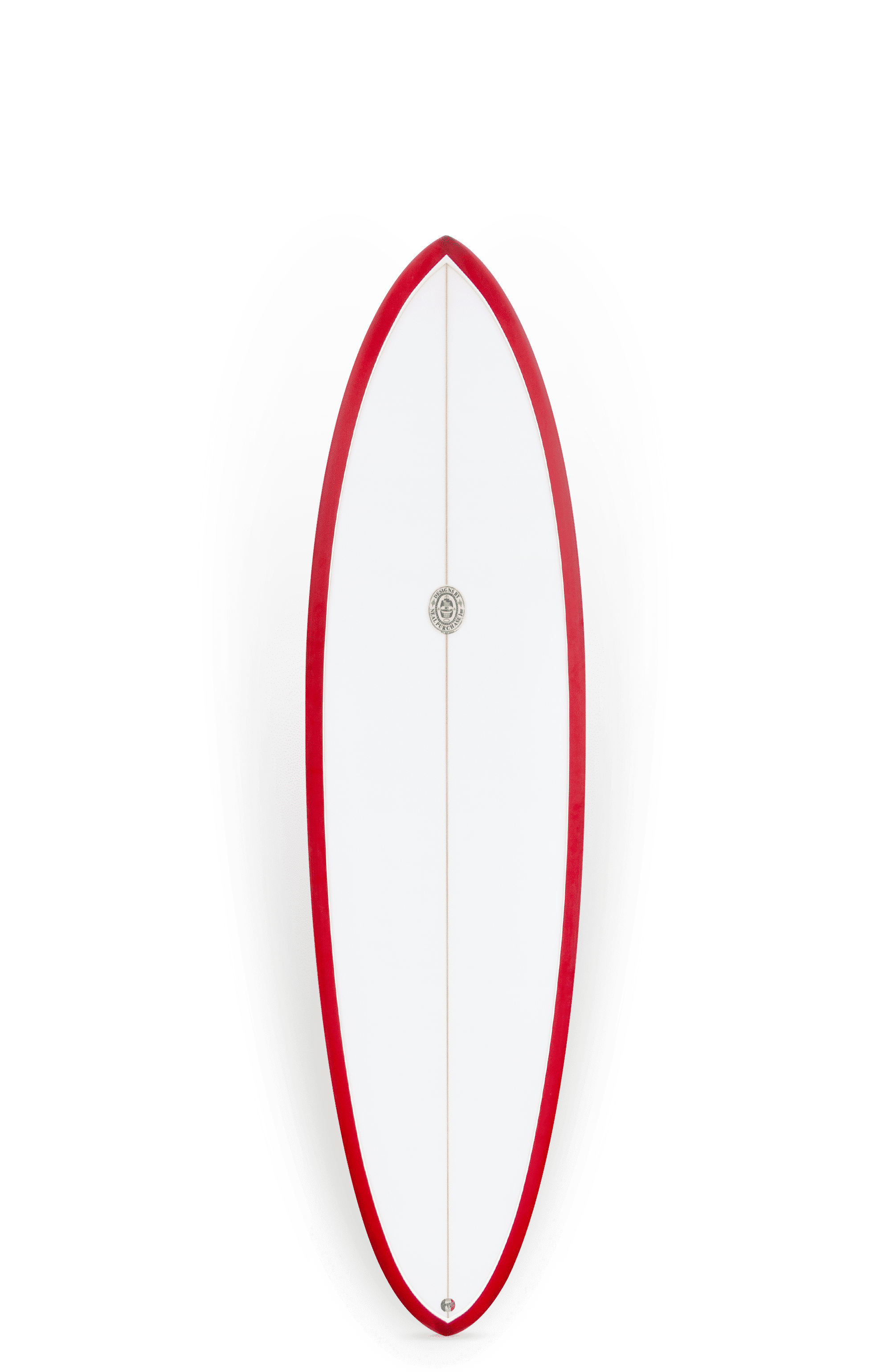 Shapers-Club- The Zephyr double surfboard features an elegant white surface, vibrant red trim and an aerodynamic design with symmetrical pointed edges. Made at 6'10" x 21' 1/2" x 2' 1/2", it stands out beautifully against the solid white background. -surfshop-surfboard