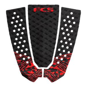 Shapers-Club- The Toledo Blood traction pad is black with red accents and features a prominent "FCS" logo on the top. It features a diamond-patterned texture, white circular grip points and is thoughtfully divided into three sections. -surfshop-surfboard