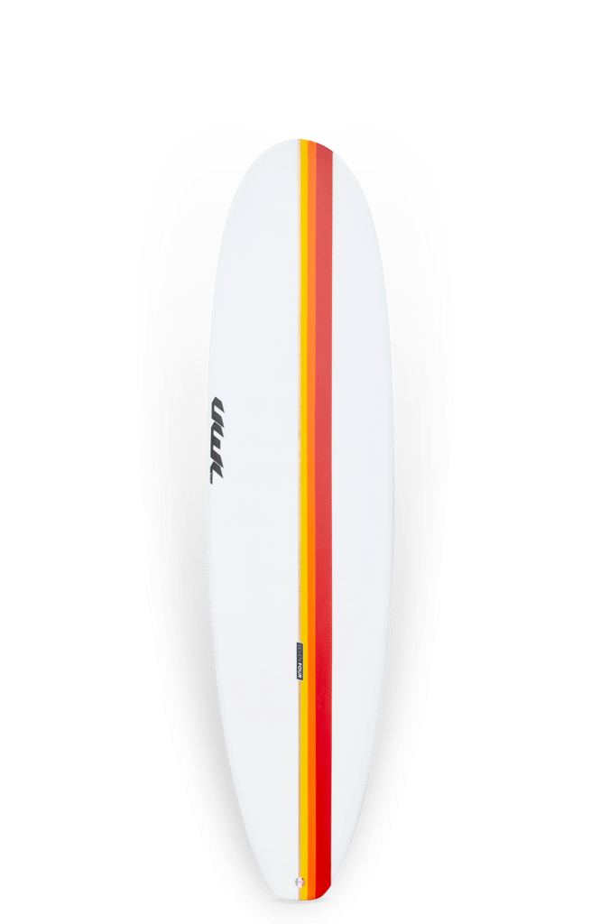 Shapers-Club- La planche de surf Seven Four - 7'4", avec une base blanche et une bande centrale rouge-orange-jaune frappante, offre une capacité flottante de 51L. Elle présente une finition brillante et son logo près du haut, alliant style et fonctionnalité sans effort. -surfshop-surfboard