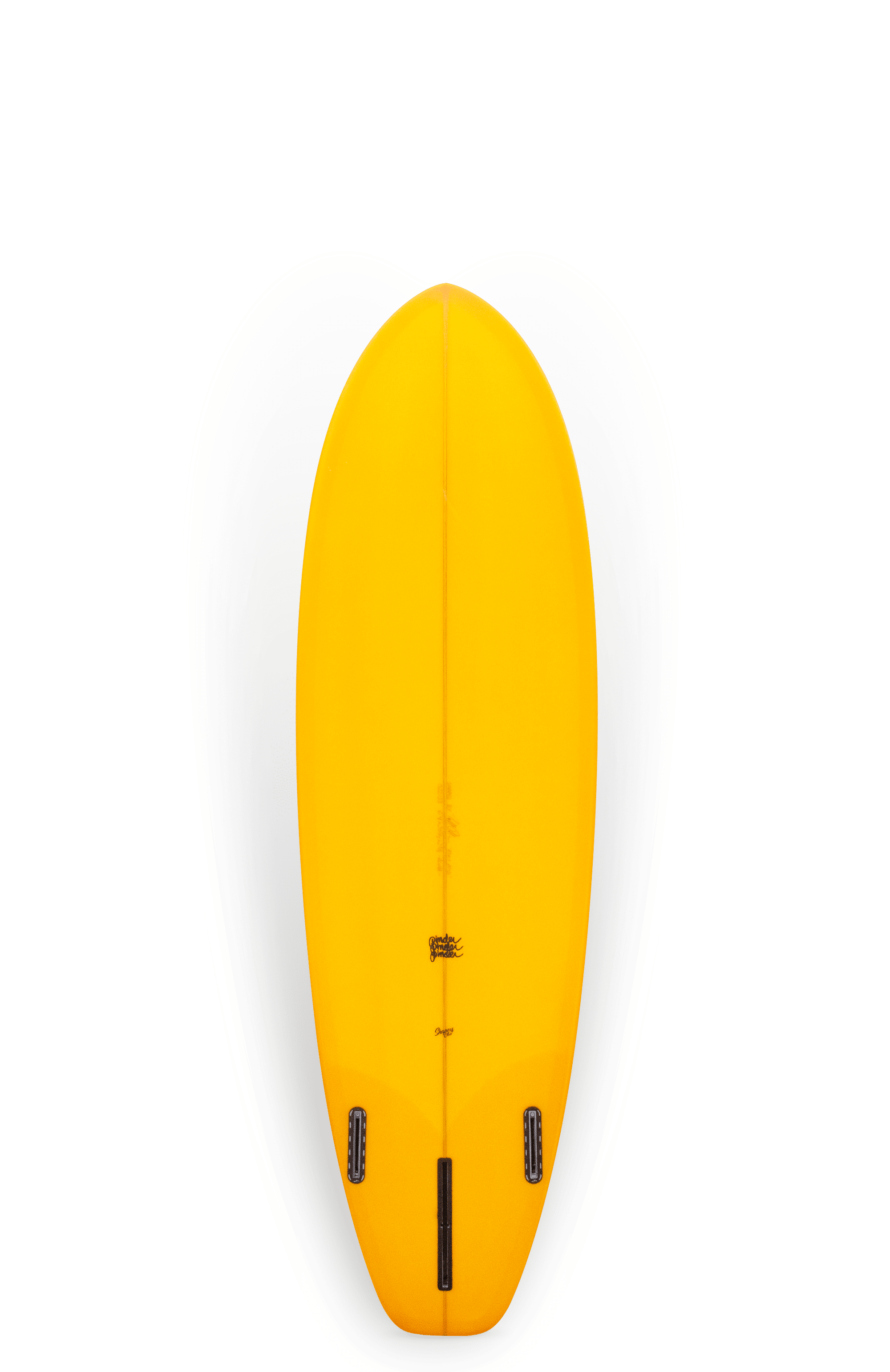 Shapers-Club- The Modern Machine surfboard, 6'4" x 20' 3/4" x 2' 5/8", features black fins and is presented vertically on a transparent stand on a white background, highlighting its elegant yellow design. -surfshop-surfboard