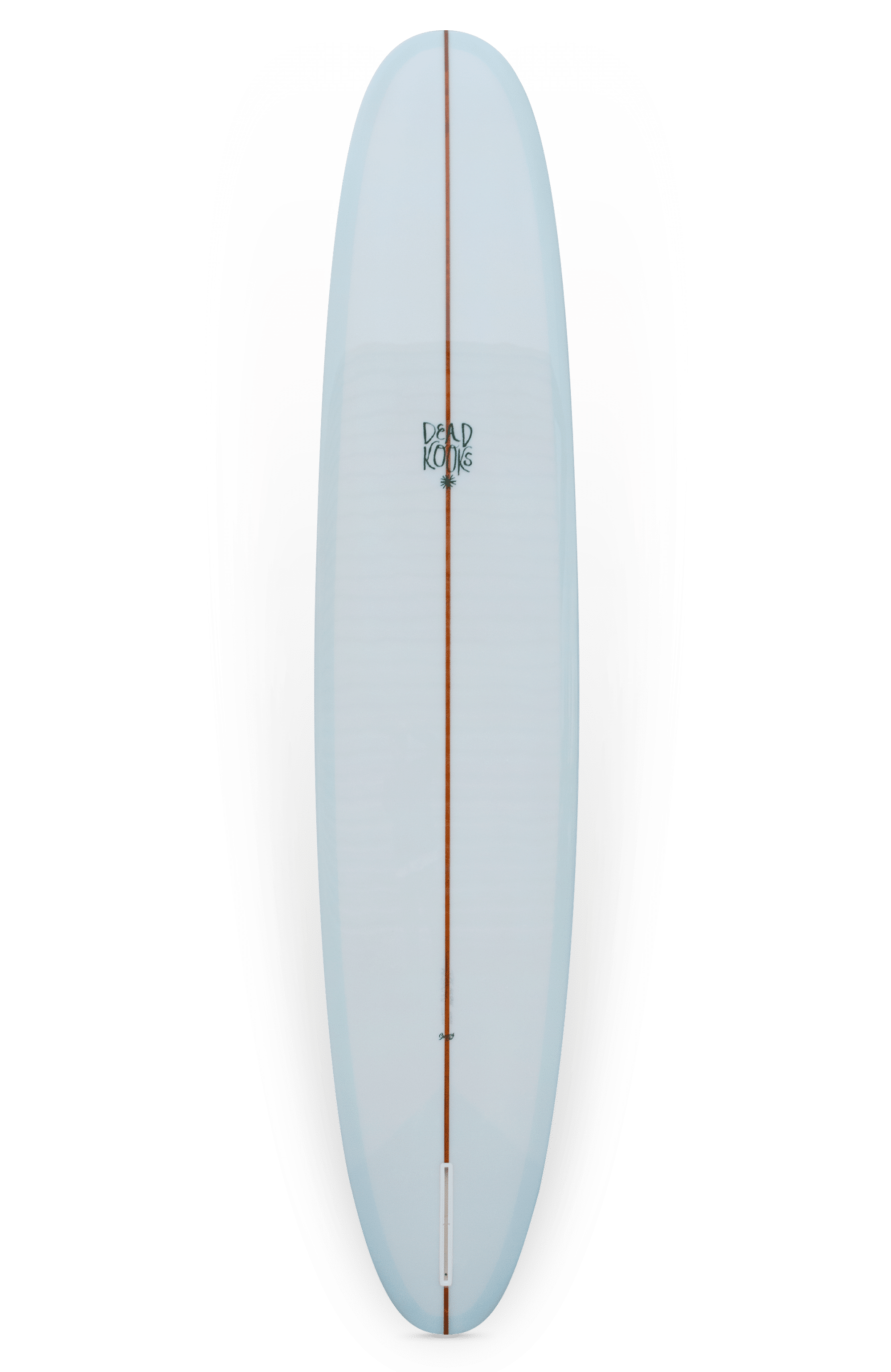 Shapers-Club- A 9'6" surfboard, with a light blue surface and a thin brown vertical stripe, displays "Dead Kooks" at the top. Known as "All time 9'6" x 23' 1/8" x 3' 7/16", it emphasizes craftsmanship and size. -surfshop-surfboard