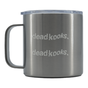 Shapers-Club- The Shapersclub insulated mug features "DeadKooks" in a stylized font twice on the side and features a beige design with a transparent lid and left handle to keep drinks hot. -surfshop-surfboard