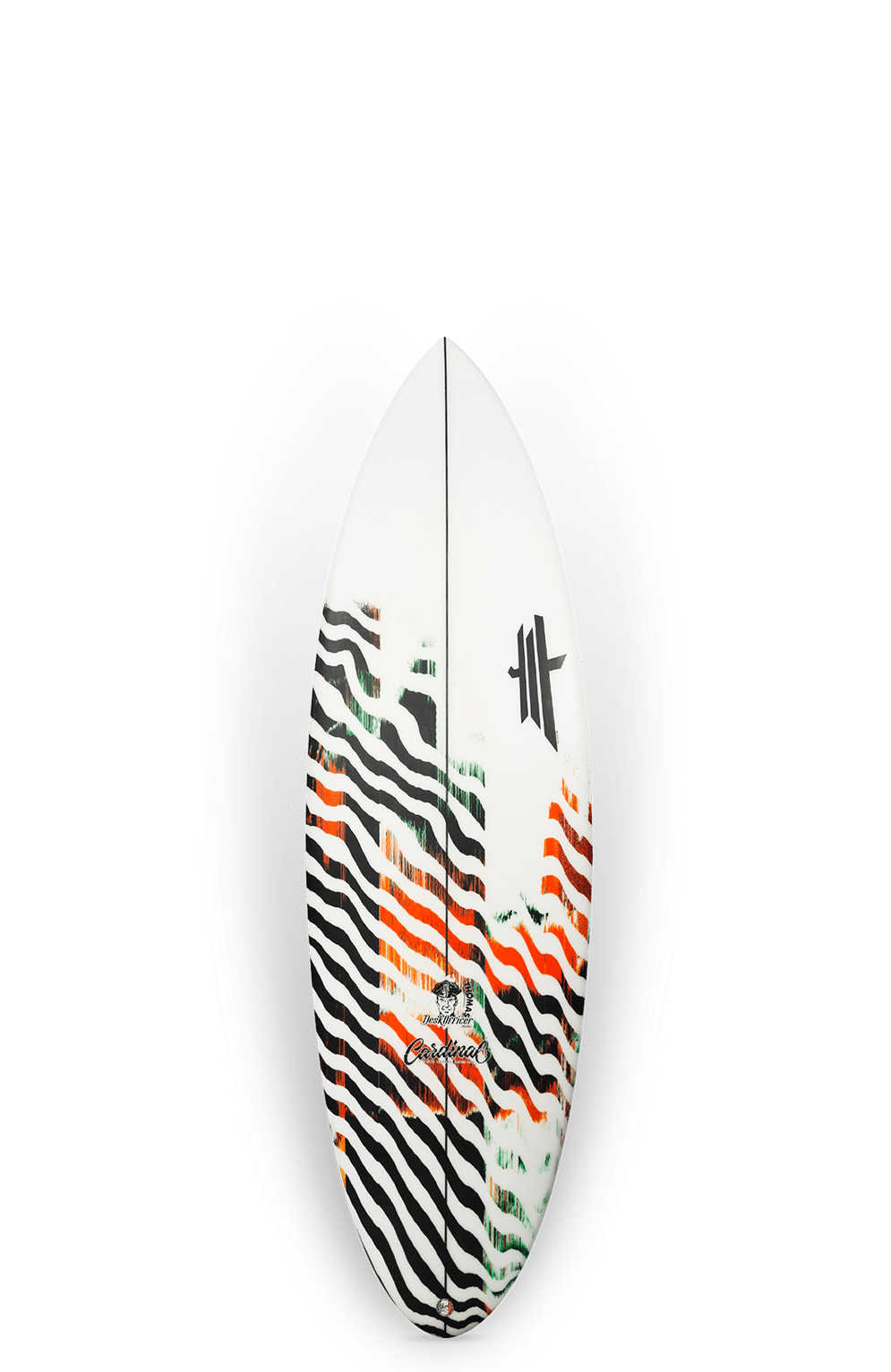 Shapers-Club- The surfboard, named Desk Officer, features a colorful wave pattern with black, orange and green stripes on a gray gradient background. It resembles the vibrant designs of modern office furniture and matches the creative vision associated with it. -surfshop-surfboard