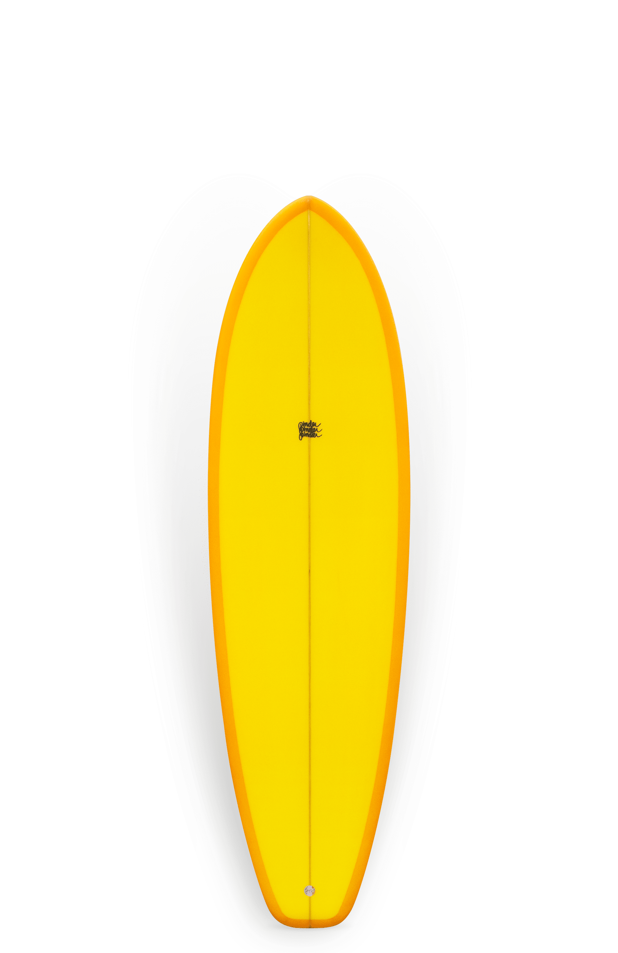 Shapers-Club- A Modern Machine surfboard, measuring 6'4" x 20' 3/4" x 2' 5/8", with an elegant yellow design and symmetrical shape, stands vertically on a plain background. -surfshop-surfboard