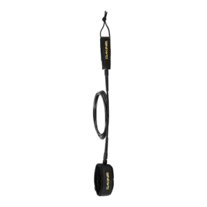 Shapers-Club- The LONGBOARD CALF 10FT X 1/4" surf leash features a spiral design in black, making it an ideal choice for your longboard. The "DAKINE" name is prominently displayed in yellow on the calf strap and rail guard, offering a blend of style and durability. -surfshop-surfboard