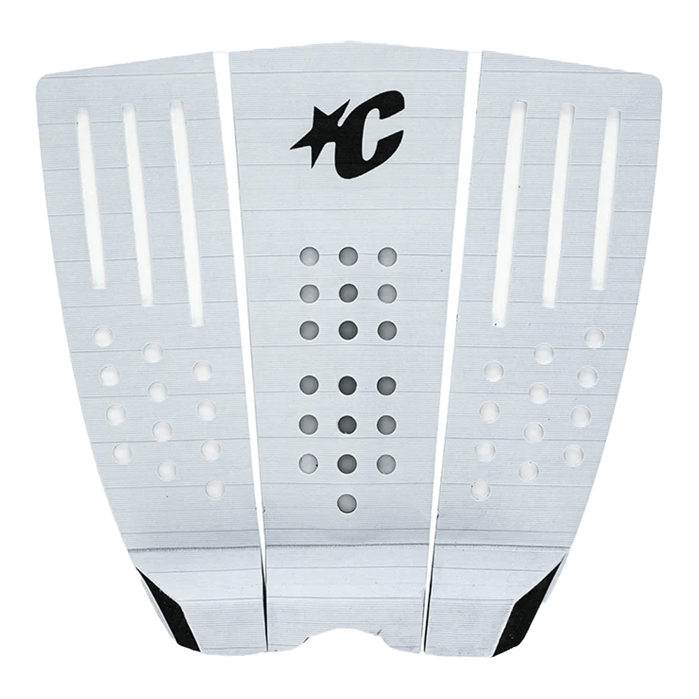Shapers-Club- The CREATURES - PAD - RELIANCE 3 CORD from the Creatures collection is a white surfboard tail pad featuring a textured surface with cut-out slots. It features multiple perforations in the midsection and displays a stylized "C" logo top center, embodying reliability and performance. -surfshop-surfboard
