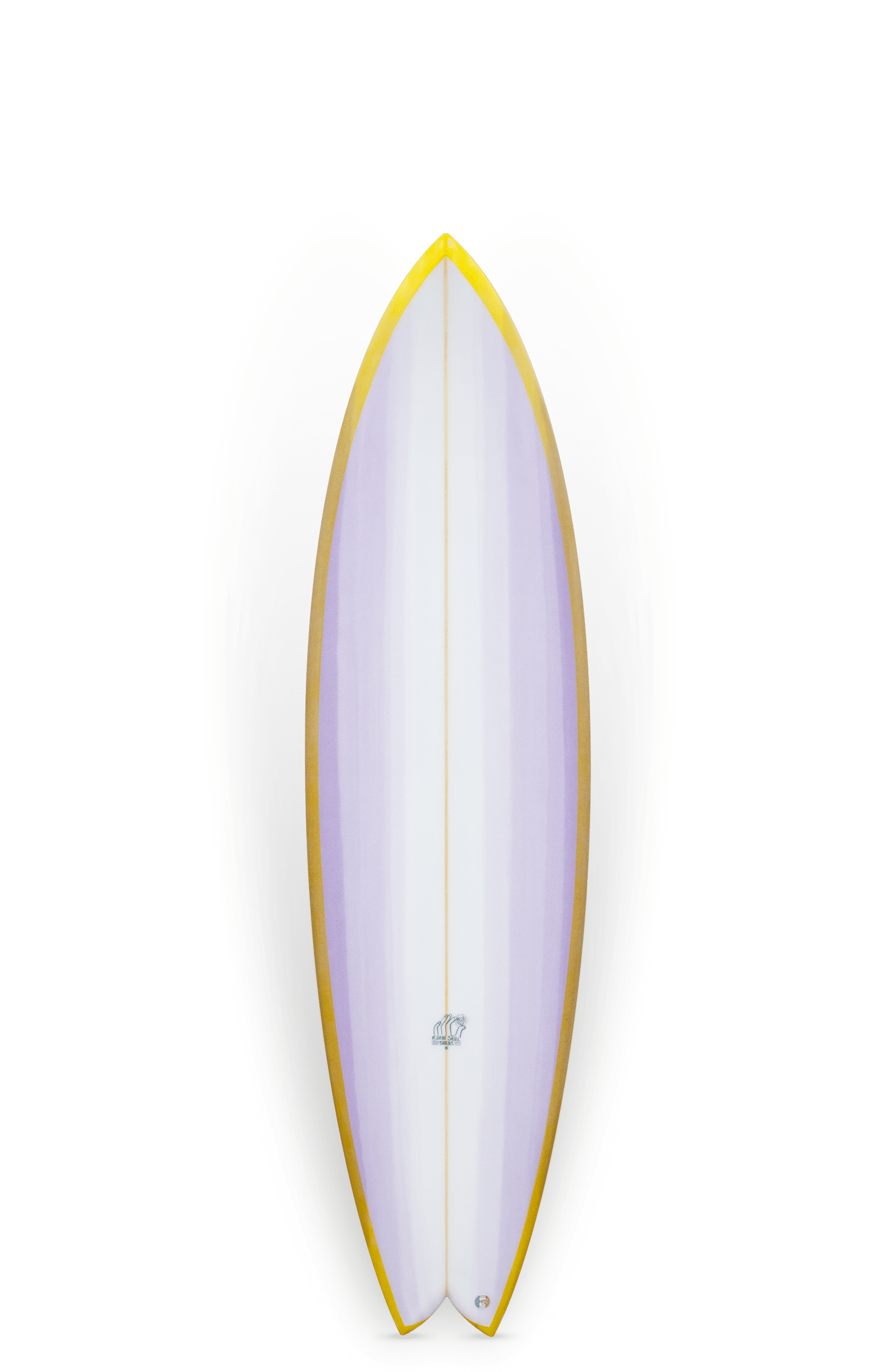 Shapers-Club- The Ying Yang surfboard measures 6'10" x 20' 7/8" x 2' 3/4", with a gradient design with soft pastel purple and white turning to a bright yellow border, evoking balance with its elegant aerodynamic shape on a transparent background. -surfshop-surfboard
