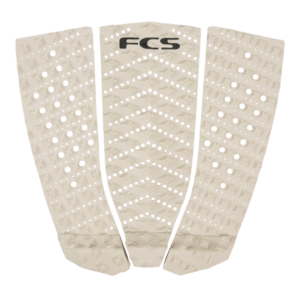 Shapers-Club- The PAD - TRACTION ECO BLEND T3 is a beige traction pad with three textured sections, each adorned with diamond patterns and small circular cut-outs. Made from ECO BLEND T3 material, the top section prominently features the words "FCS" in black lettering. -surfshop-surfboard
