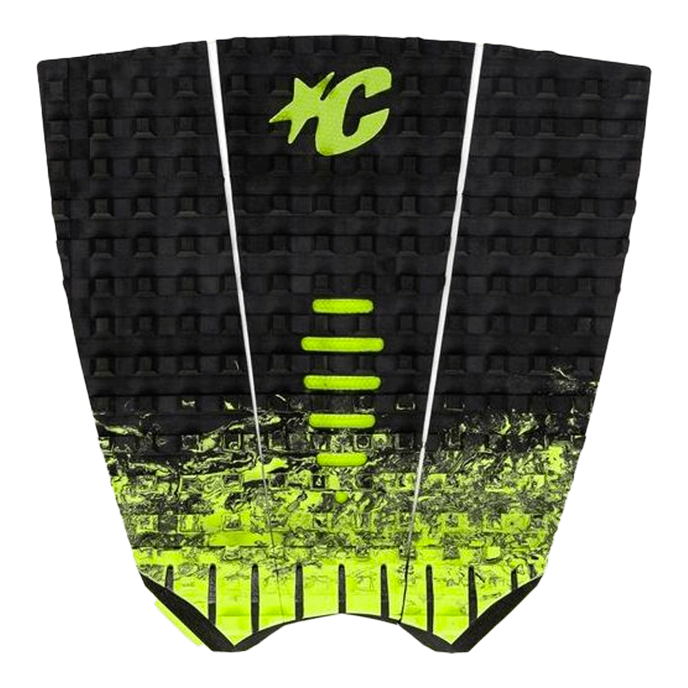 Shapers-Club- Presentation of the PAD - MINI - MICK FANNING: this traction mat features a striking design with neon black and green colors. It features a textured pattern with horizontal grooves for extra grip and a distinctive embossed logo on top. The bright green transforms smoothly into black towards the bottom, offering both style and performance. -surfshop-surfboard