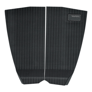 Shapers-Club- The FUTURE - F2P WILDCAT traction pads, inspired by the stealth of a wildcat, are black with a rectangular logo label on one pad. They are designed for tomorrow's surfboards and feature a grid pattern and a small notch at the bottom. -surfshop-surfboard