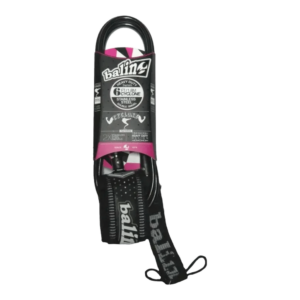 Shapers-Club- The BALIN - LEASH - 6' - BLACK surf leash's packaging highlights its remarkable strength and suitability for big waves, showcasing clear branding and a well-displayed logo on the strap. -surfshop-surfboard