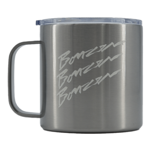 Shapers-Club- A stainless steel camping mug with a transparent lid, featuring the stylized word "Bonzer" engraved three times in slanted cursive. Perfect for those who appreciate the craftsmanship of Shapersclub insulated mugs. -surfshop-surfboard