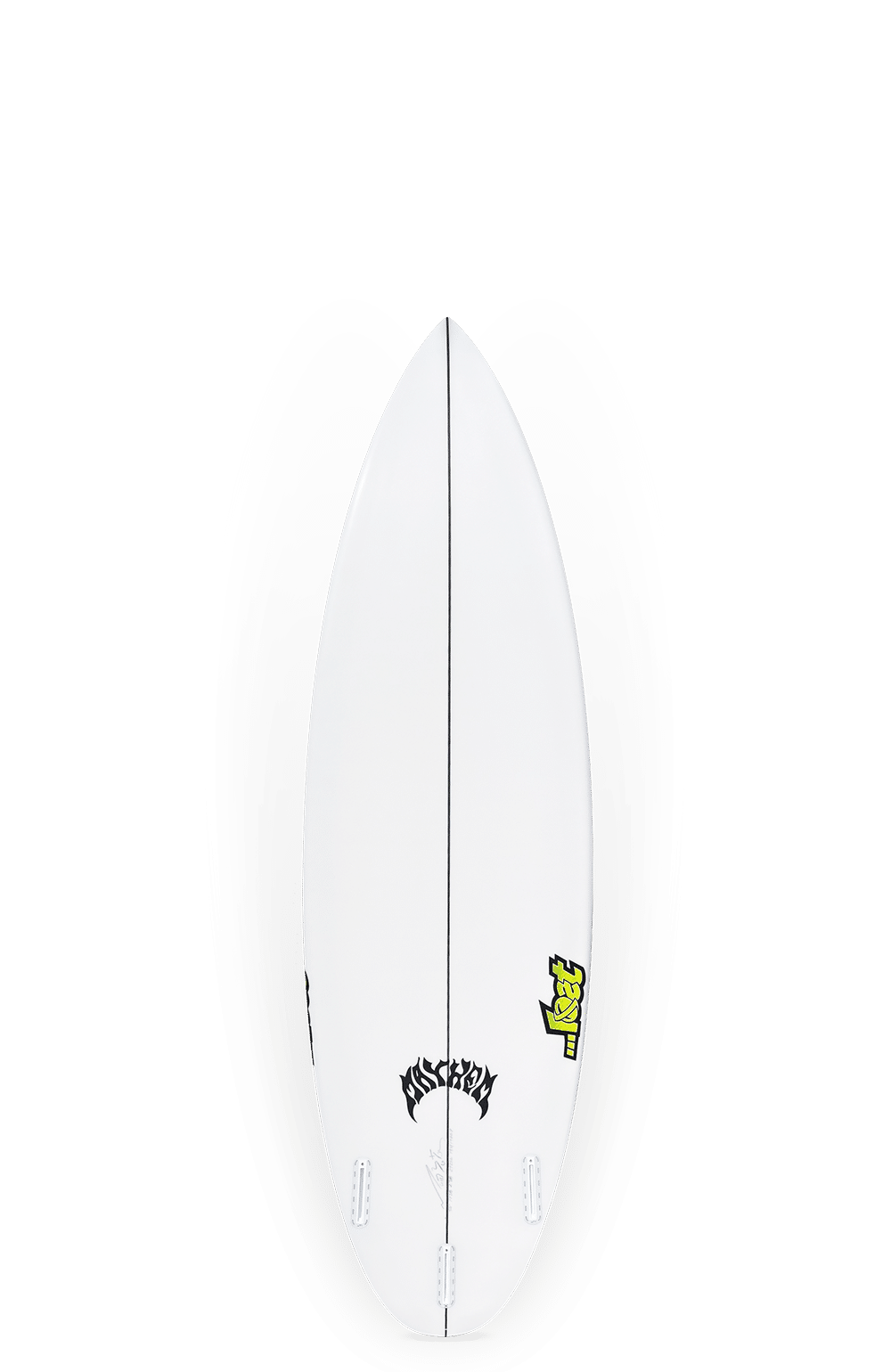 Shapers-Club- The Sub Driver 2.0 Thumb Tail surfboard, measuring 5'11" x 19 5/8" x 2 3/8" with a volume of 29.25 liters, is a white board featuring a pointed nose and thumb tail design adorned with black and green graphics near the nose and tail. This model offers sleek, slender design lines, making it ideal for surf enthusiasts who prioritize both style and performance. -surfshop-surfboard