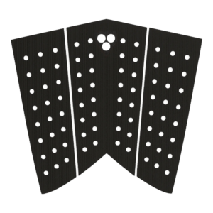 Shapers-Club- Le pad de traction pour planche de surf GORILLA - SKINNY FISH en noir est doté de trois sections, chacune avec des découpes circulaires régulièrement espacées. La section centrale se rétrécit en forme de V en bas, ce qui la rend idéale pour la queue d'une planche de surf skinny fish. -surfshop-surfboard