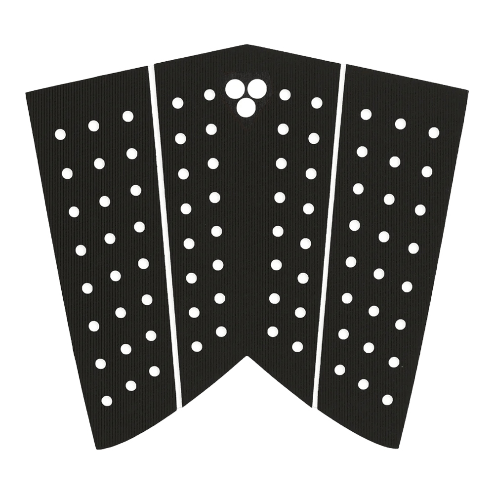 Shapers-Club- The GORILLA - SKINNY FISH surfboard traction pad in black features three sections, each with evenly spaced circular cutouts. The center section tapers to a V-shape at the bottom, making it ideal for the tail of a skinny fish surfboard. -surfshop-surfboard