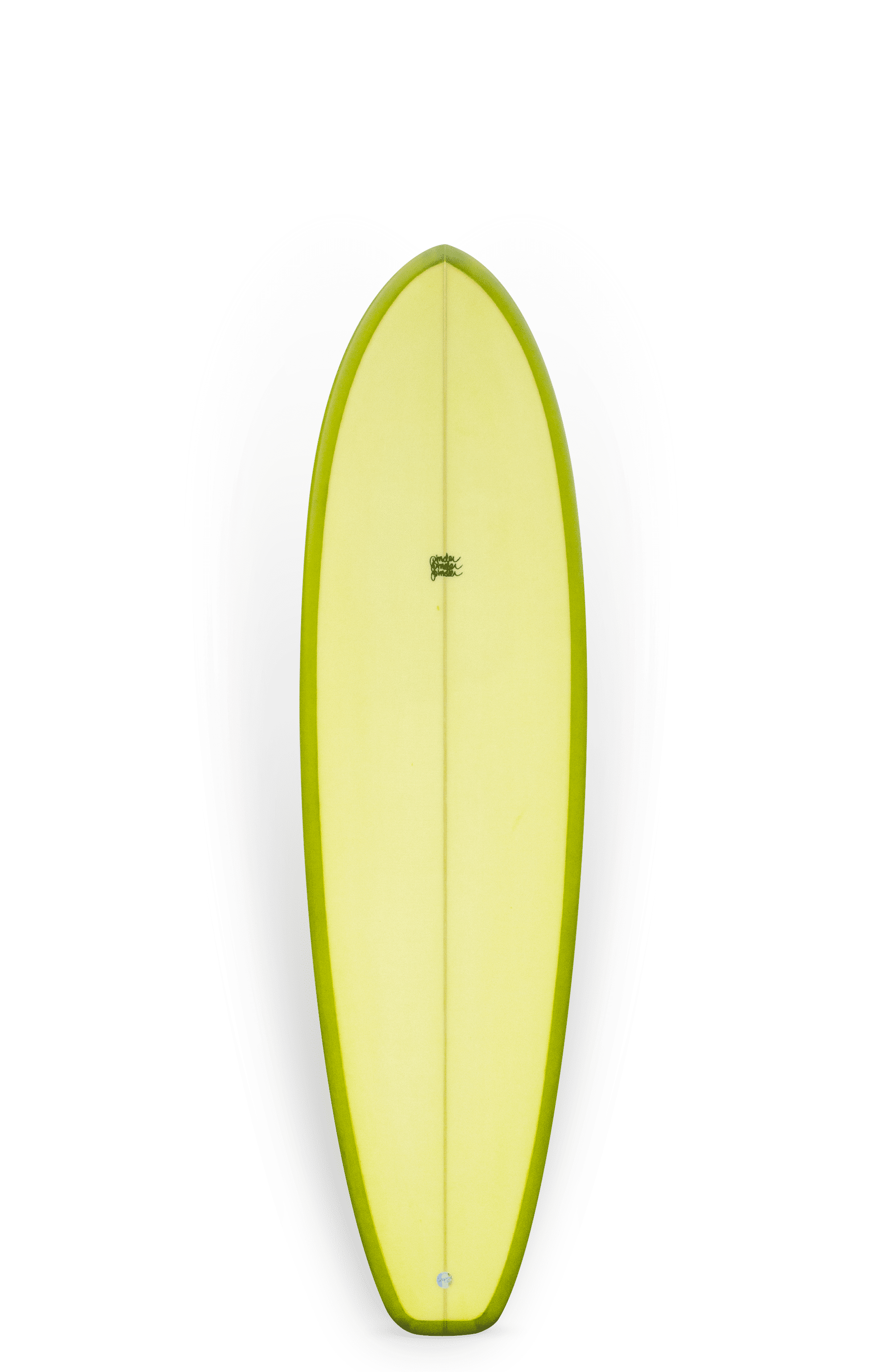 Shapers-Club- The "Modern machine" surfboard, measuring 6'8" x 21' 1/4" x 2' 3/4", has a modern yellow design with green edges and a rounded nose, seen from above on a white background. -surfshop-surfboard