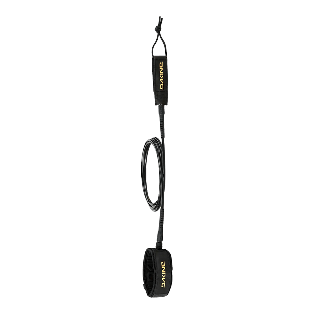 Shapers-Club- The LONGBOARD ANKLE 9FT X 1/4" is a black and yellow surfboard leash with spiral cable and adjustable ankle strap, ideal for a 9-foot longboard. The brand name "DAKINE" is prominently displayed on the strap. -surfshop-surfboard