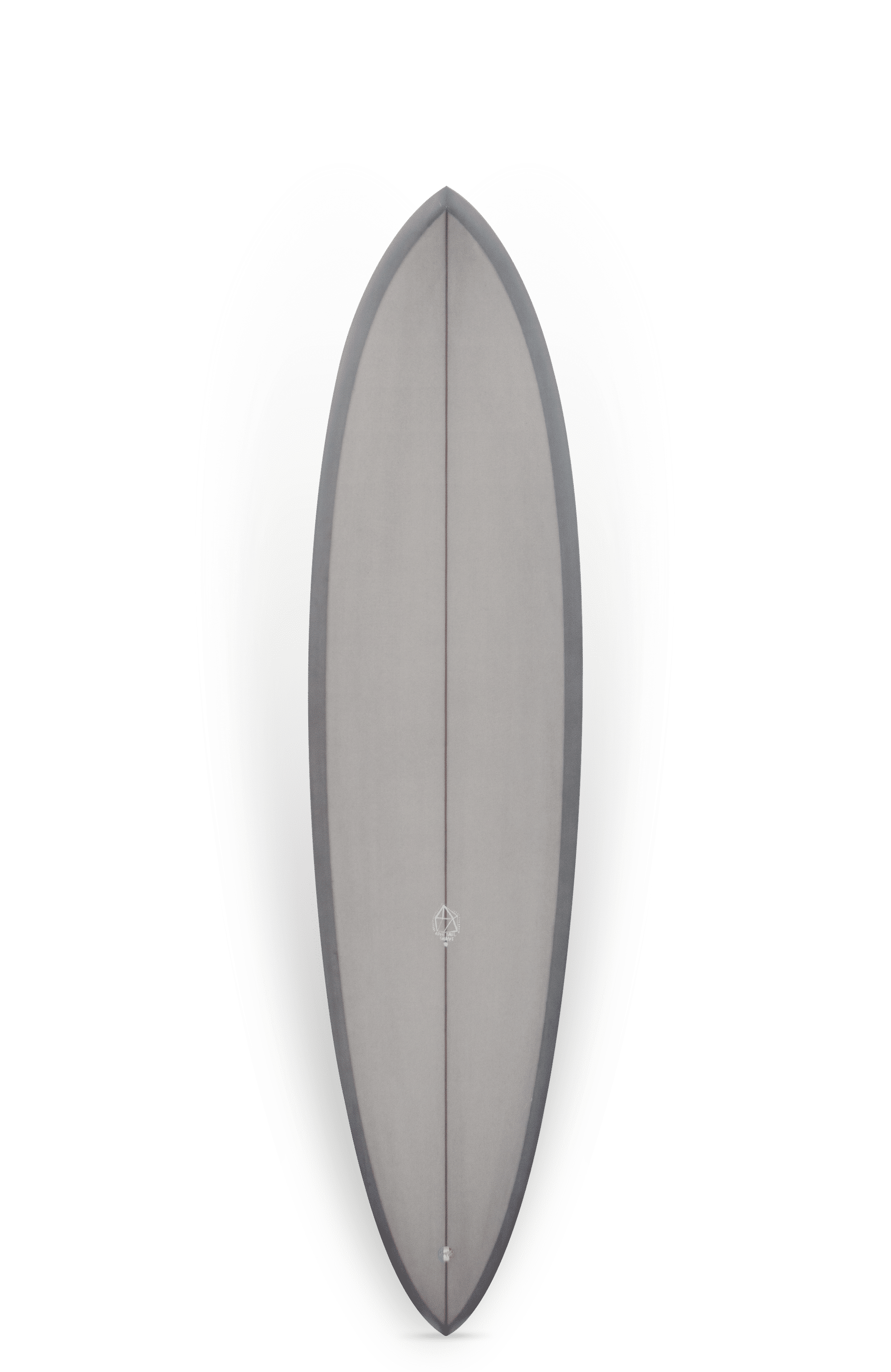 Shapers-Club- The Hellhound surfboard, measuring 7'6" x 21' 17/20" x 3", features a sleek gray rounded design, smooth surface and center fin. It embodies the fierce Hellhound spirit and is shown vertically on a plain white background. -surfshop-surfboard