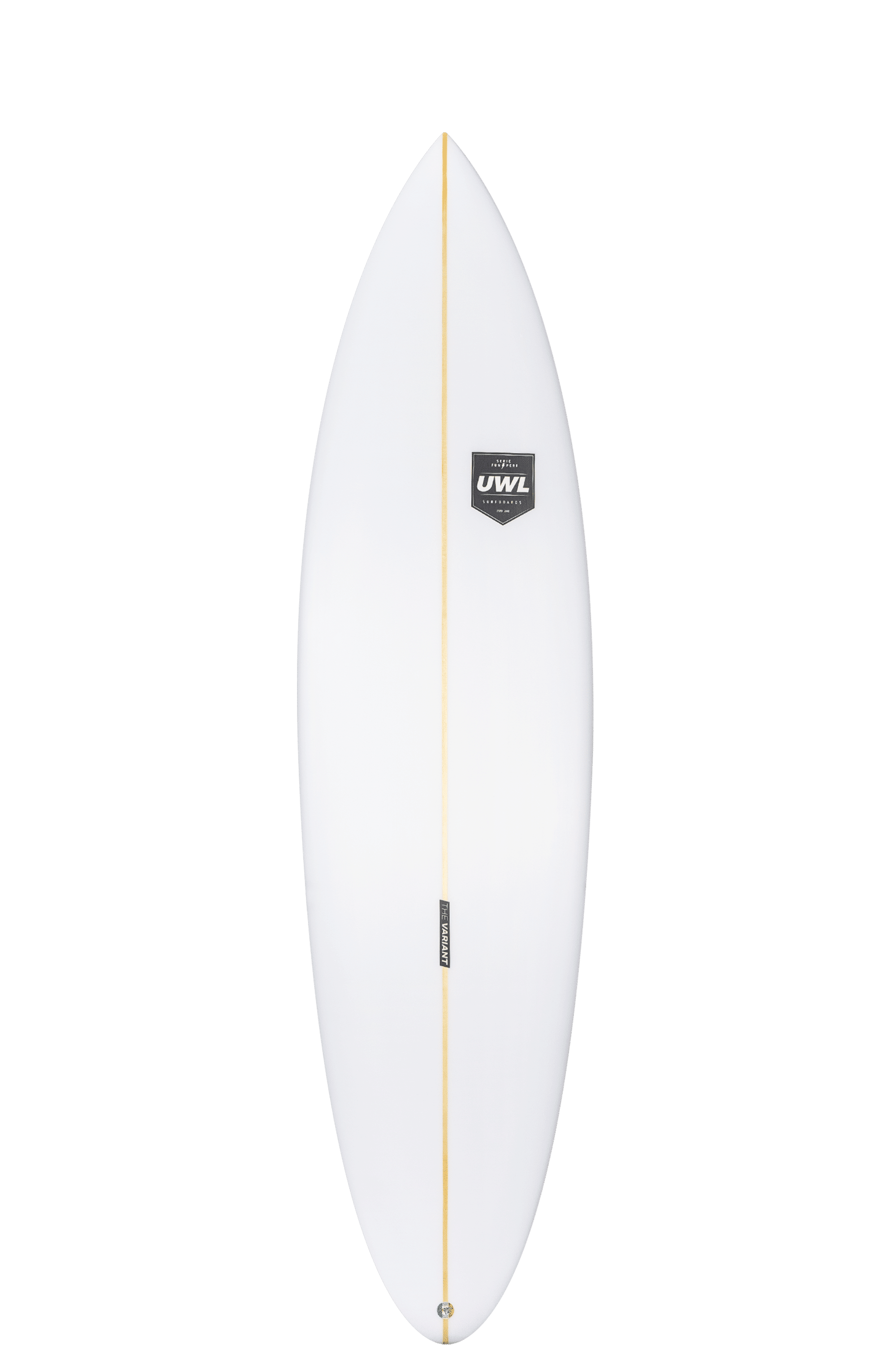 Shapers-Club- Une planche de surf blanche avec une seule dérive se découpe sur un fond noir, mettant en valeur un logo noir près du haut. Baptisée « The variant », elle mesure 7'2" x 21' 1/4" x 2' 7/8", offrant précision et design classique et épuré. -surfshop-surfboard