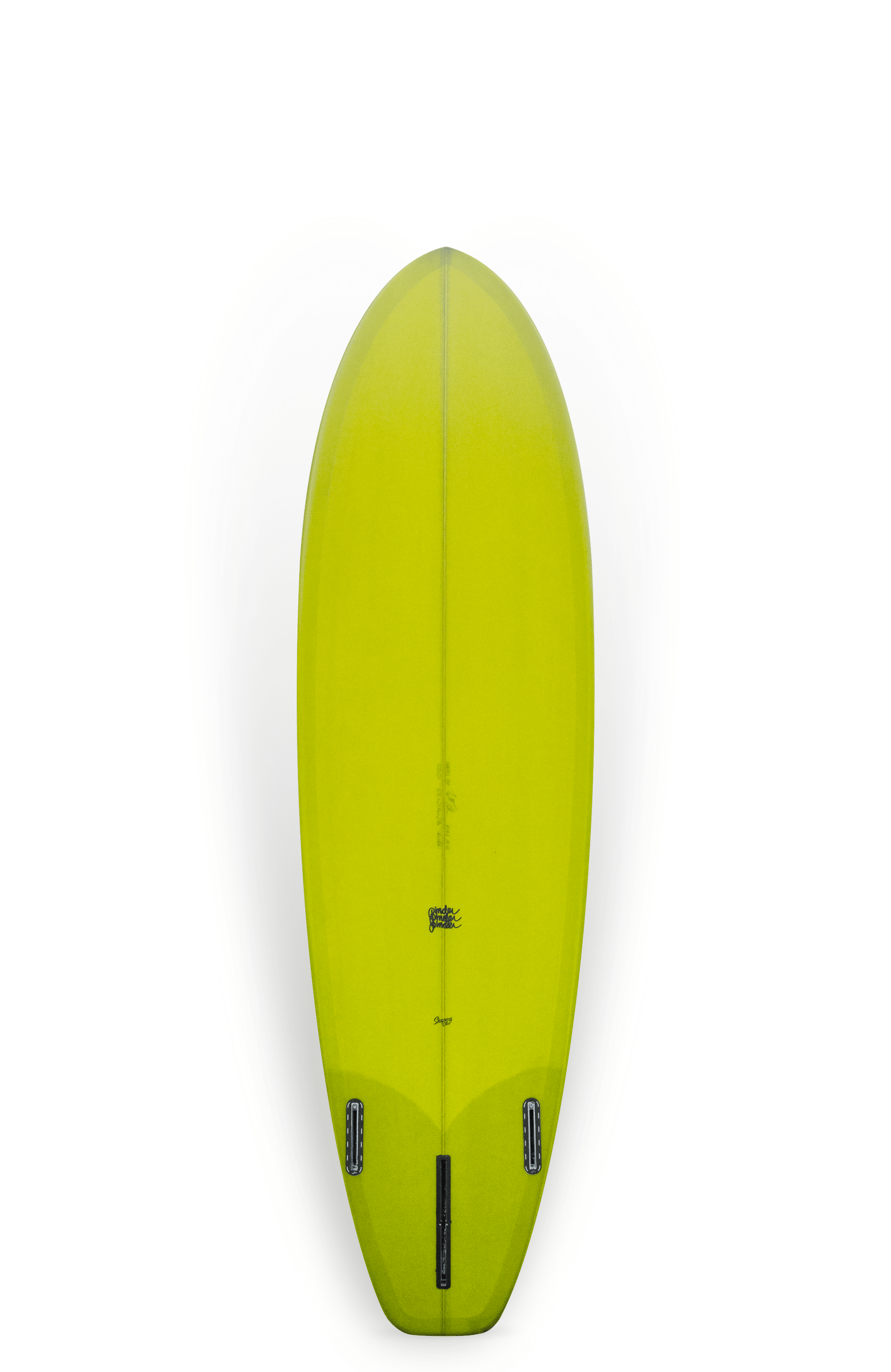 Shapers-Club- A neon yellow Modern Machine surfboard with a sleek, rounded design stands out against a black background. It features two fins and subtle branding near the center, resembling a modern machine in its precision. -surfshop-surfboard