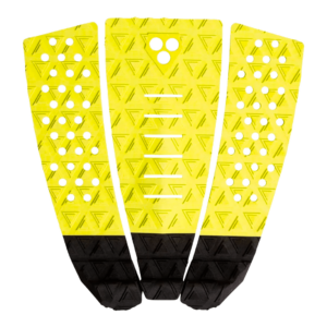 Shapers-Club- The GORILLA GRIP - PAD TRES features a striking design in yellow and black, with triangular patterns and perforations that offer exceptional grip and stability. -surfshop-surfboard