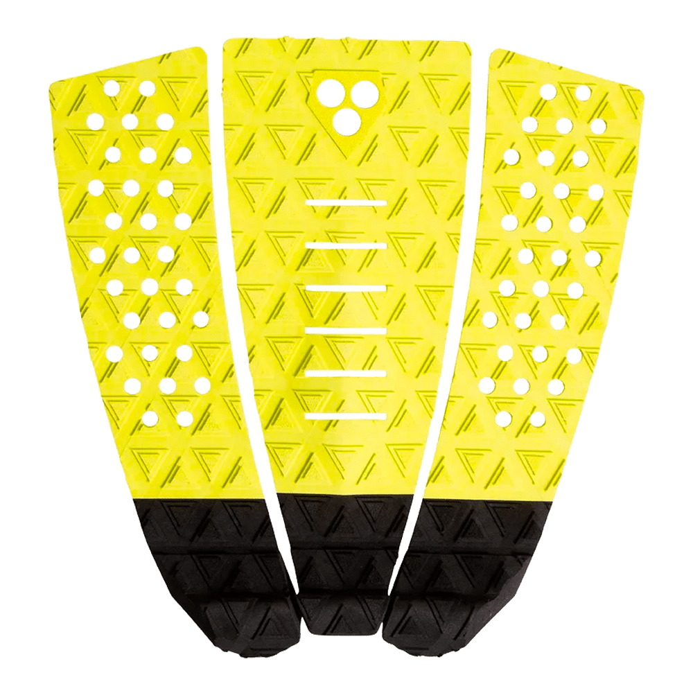Shapers-Club- The GORILLA GRIP - PAD TRES features a striking design in yellow and black, with triangular patterns and perforations that offer exceptional grip and stability. -surfshop-surfboard