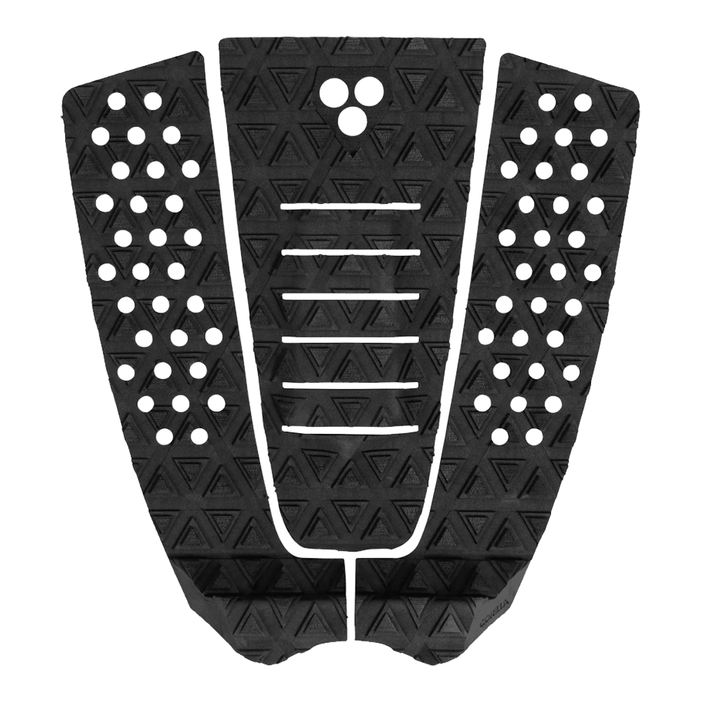 Shapers-Club- The Jane Black traction pad is designed for surfboards, with triangular patterns and circular cutouts. Its design features three main sections with grooves that offer excellent grip and central arch support, combining style and performance on the waves. -surfshop-surfboard