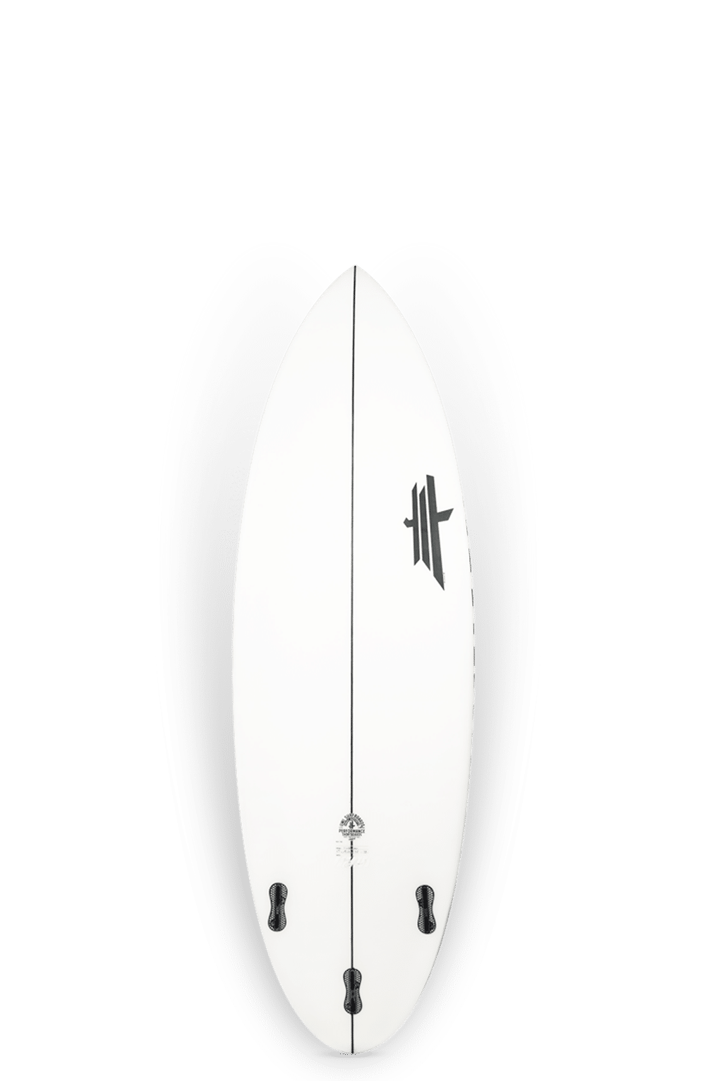 Shapers-Club- The Desk Officer, with its minimalist design featuring a white surface and black logo and fin sockets, looks like an elegant piece of furniture. Viewed from above against a plain background, it measures 5'7" x 19" x 2' 3/8", highlighting its clean lines and precise dimensions. -surfshop-surfboard