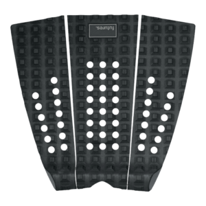 Shapers-Club- Discover the FUTURES - PAD - F3P BREWSTER, a stylish black traction pad for your surfboard featuring square and circular textured patterns for optimal grip, plus a small "Futures" logo at the top. -surfshop-surfboard