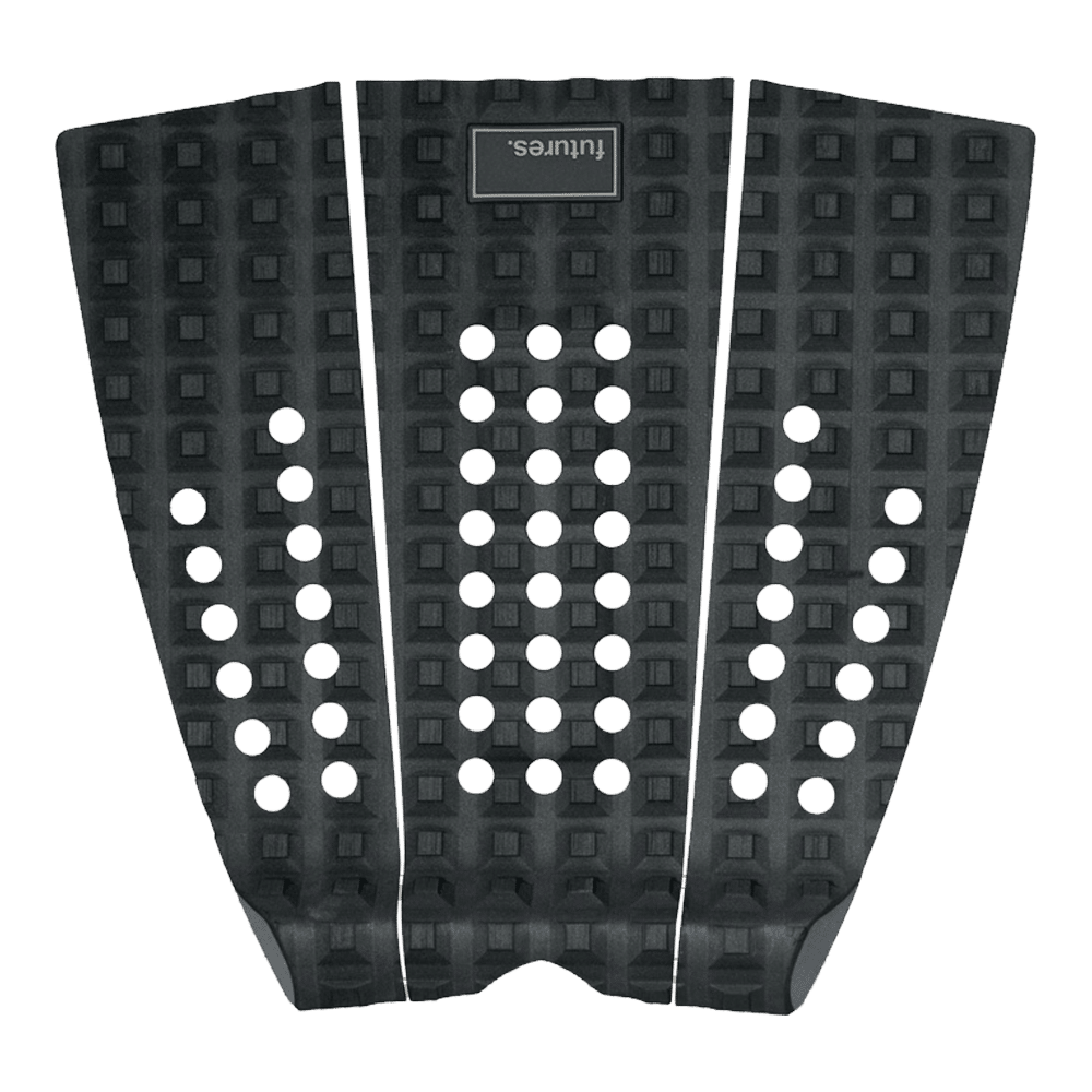 Shapers-Club- Découvrez le FUTURES - PAD - F3P BREWSTER, un pad de traction noir élégant pour votre planche de surf qui présente des motifs texturés carrés et circulaires pour une adhérence optimale, ainsi qu'un petit logo "Futures" en haut. -surfshop-surfboard