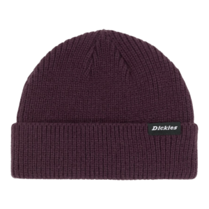 Shapers-Club- Le WOODWORTH BEANIE est un bonnet en tricot violet foncé avec un bord plié, doté d'une petite étiquette noire qui affiche le nom de la marque « Dickies » en texte blanc net. -surfshop-surfboard