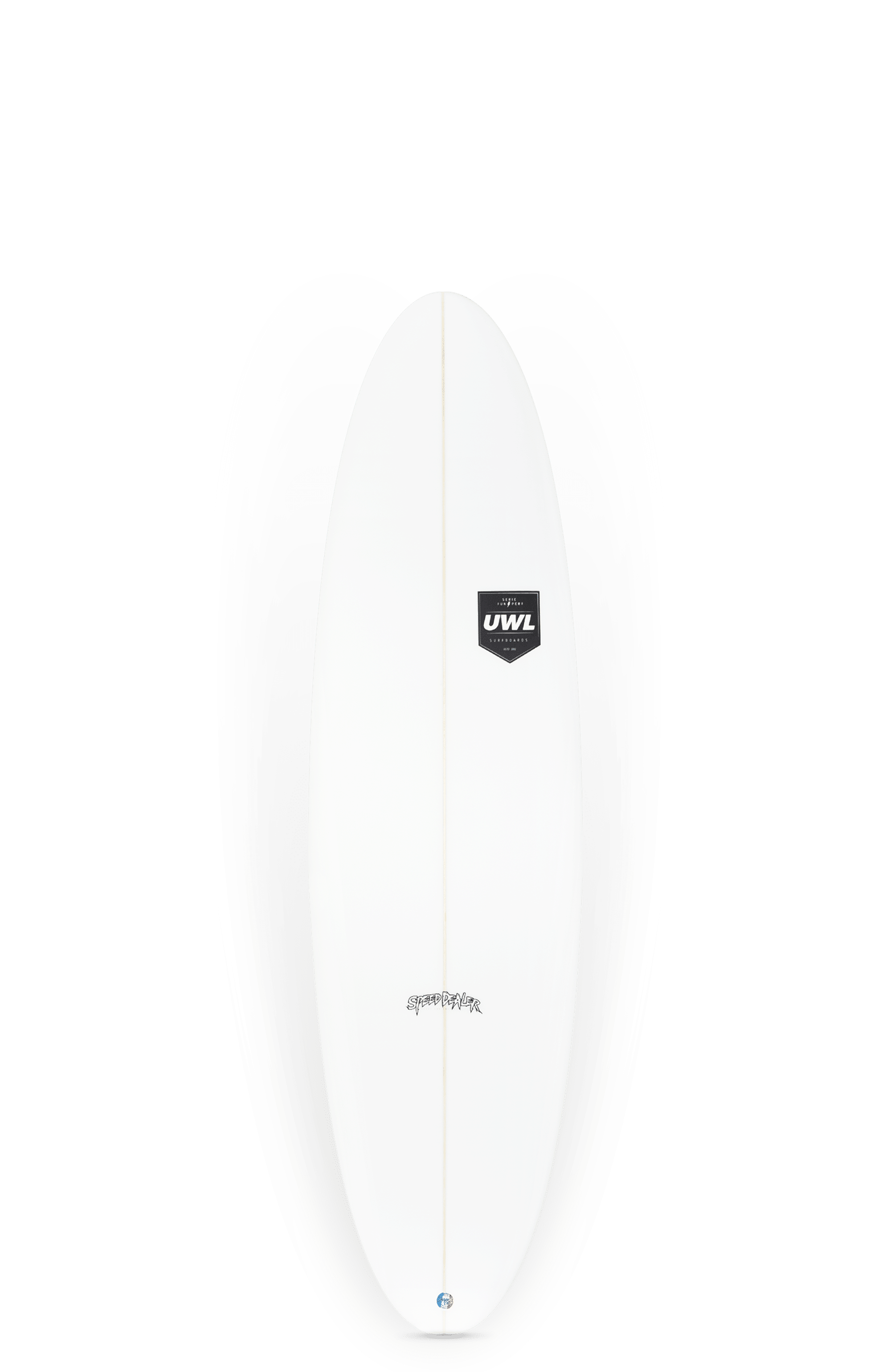 Shapers-Club- The Speed Dealer sign measures 6'3" x 20" x 2' 5/8" and features a sleek design with curved edges. It features the UWL logo near the top and its minimalist white background contrasts with a graphic design near the bottom. -surfshop-surfboard