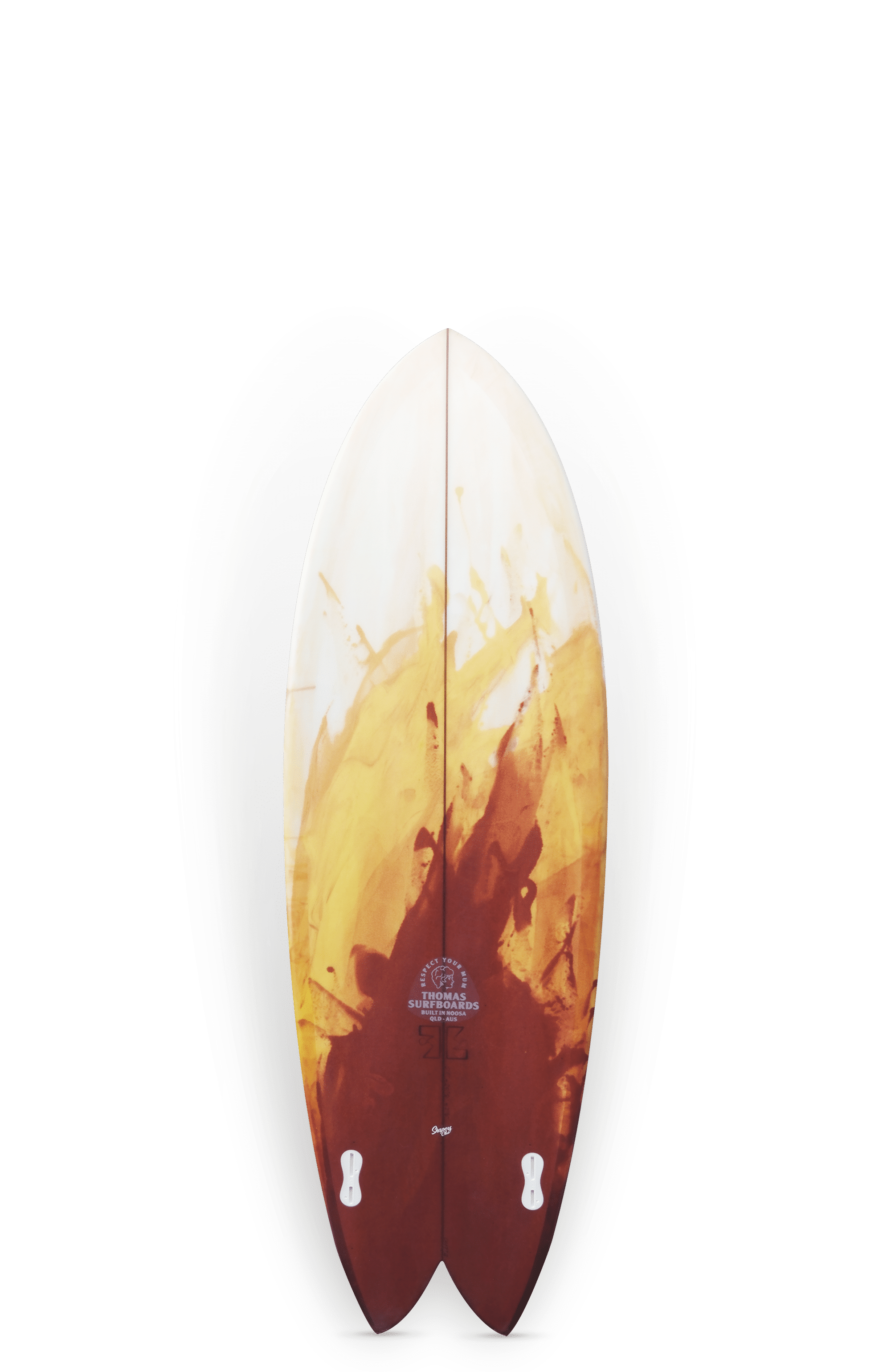 Shapers-Club- The Twin Fish 5'8" x 20' 3/4" x 2' 5/8" surfboard features a distinctive red and brown abstract design on a white background, with an elegant shape with two small fins at the bottom. -surfshop-surfboard
