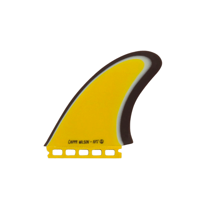 Shapers-Club- The Captain Fin Co. Neal Purchase X Chippa Wilson - Twins Single Tab "la Especial" is a simple yellow surfboard fin with black and white accents, designed for performance and durability. It features a labeled base for easy attachment to your surfboard. -surfshop-surfboard