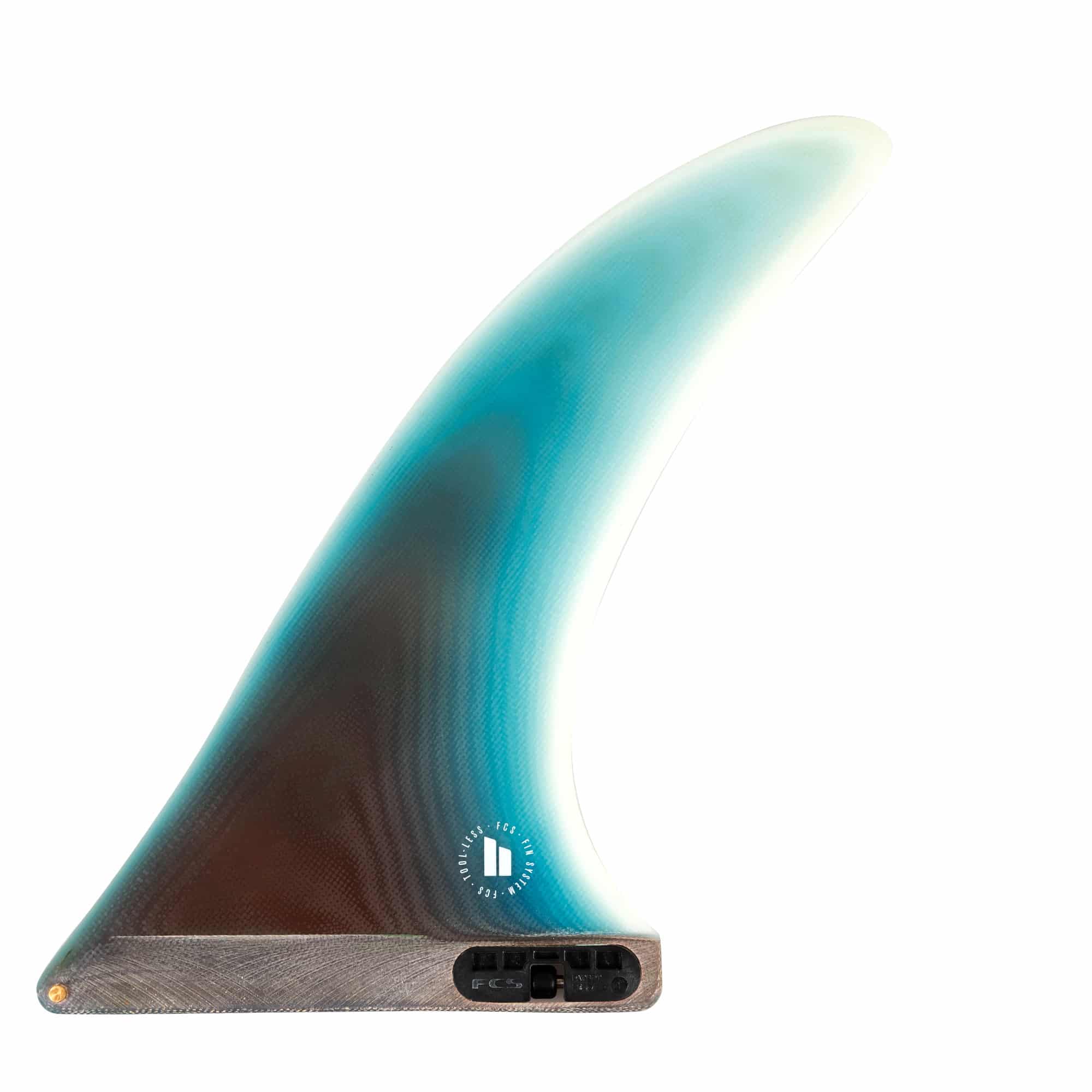 Shapers-Club- Aileron FCS II de Thomas Surfboards avec dégradé de turquoise, marron et blanc. Sa base FCS II assure un montage facile et améliore les performances et le style de votre planche. -surfshop-surfboard