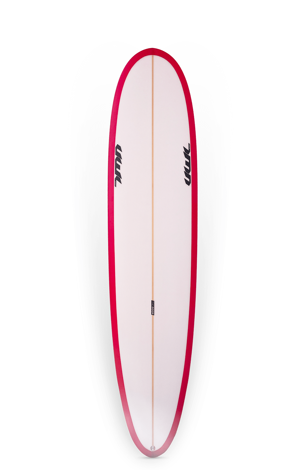 Shapers-Club- La planche de surf Door, 8'2" x 22 1/2" x 3", avec un centre blanc et des bords rose vif est affichée verticalement sur un fond gris dégradé. Ses dimensions élégantes sont mises en valeur par le logo noir aux deux extrémités, renforçant son attrait dynamique. Volume : 62,5 L. -surfshop-surfboard
