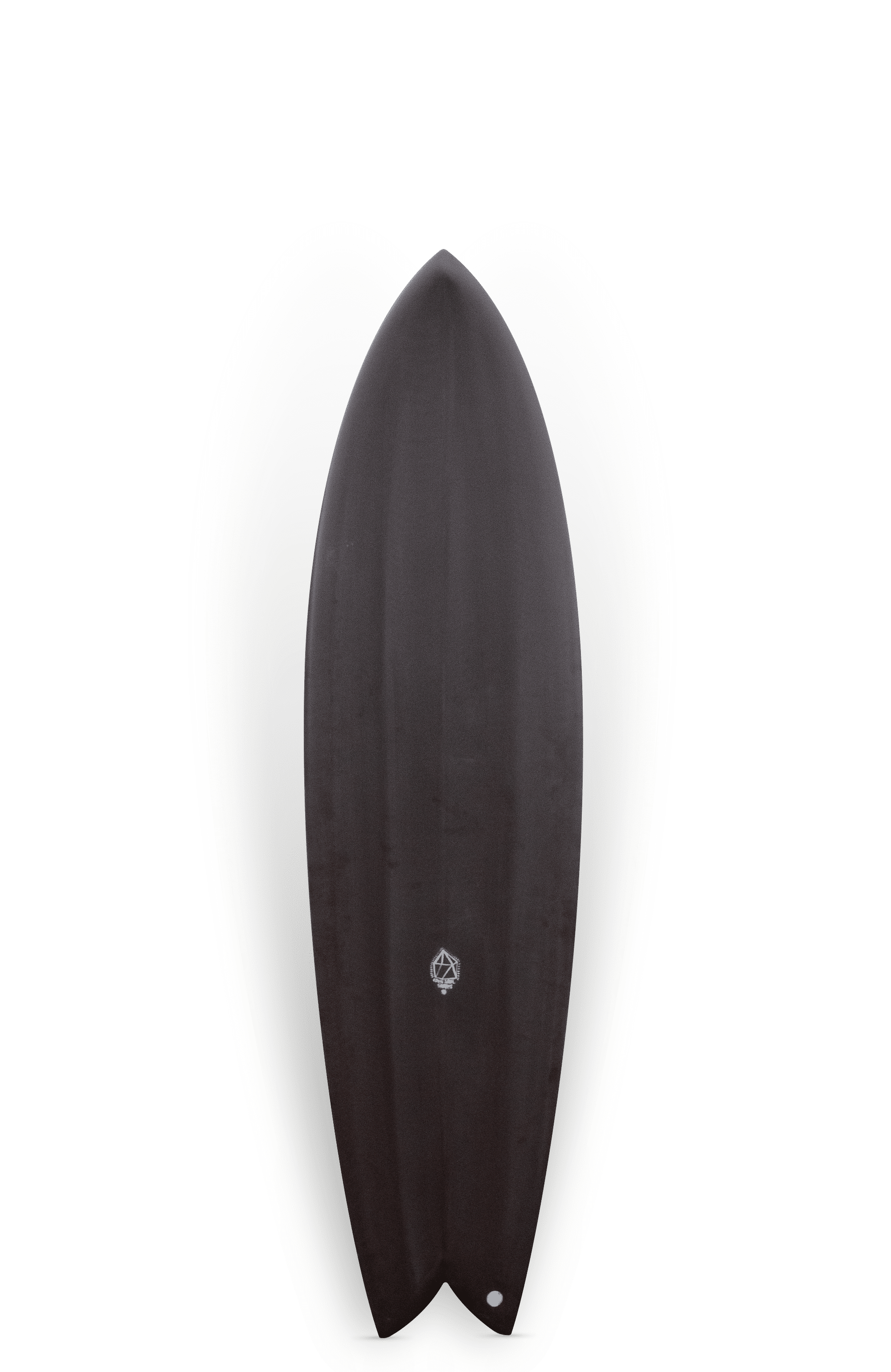 Shapers-Club- The black Rattle Snake surfboard, size 6'8" x 20' 1/2" x 2' 3/4", stands vertically with a unique bat-tail design. Its minimalist look features a small white logo near the center, enhancing its elegant aesthetic on a plain background. -surfshop-surfboard